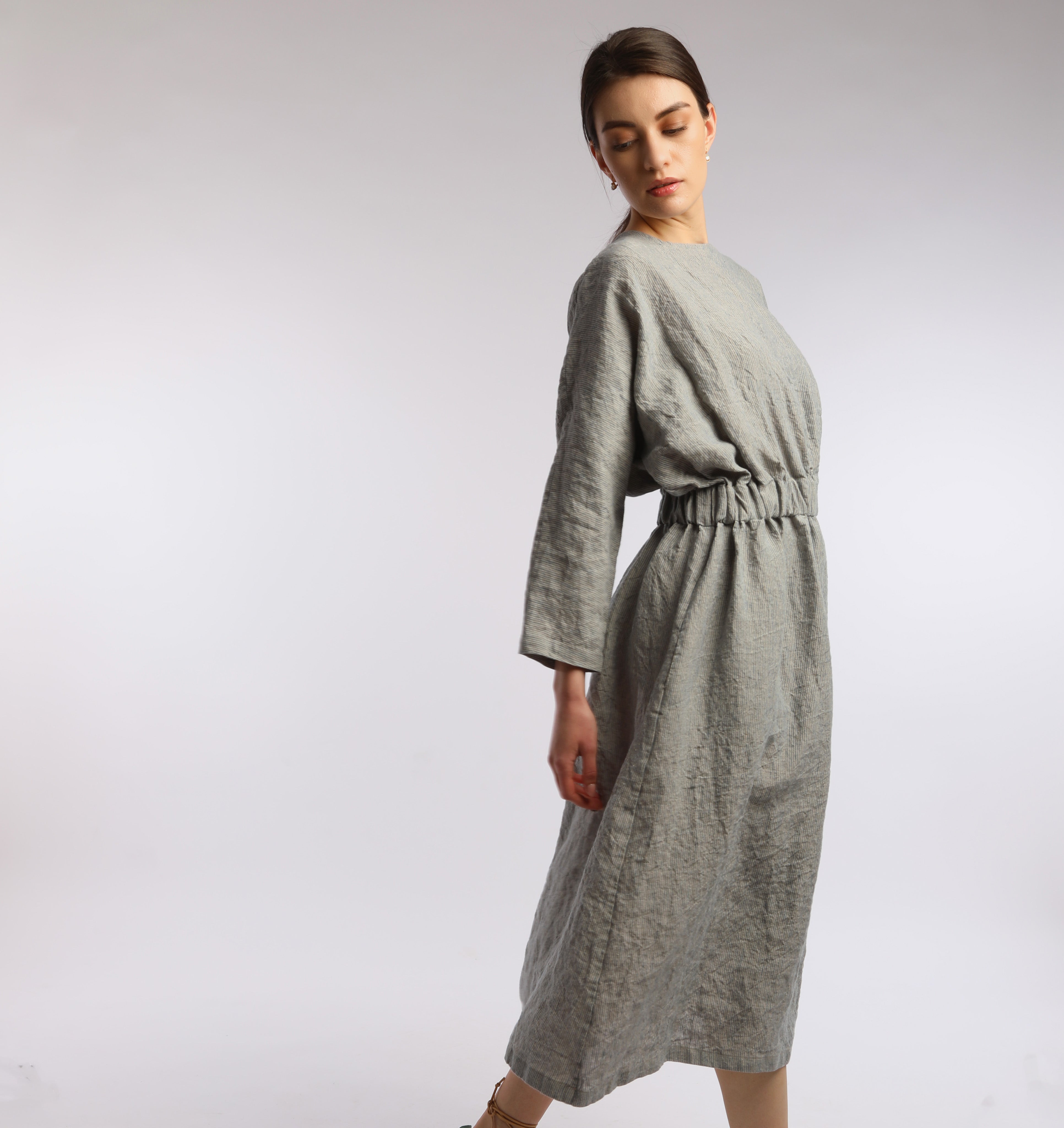 JOURNEY Midi Linen Dress with Elastic Waist - Sizes XS and S - Color BLUE STRIPES