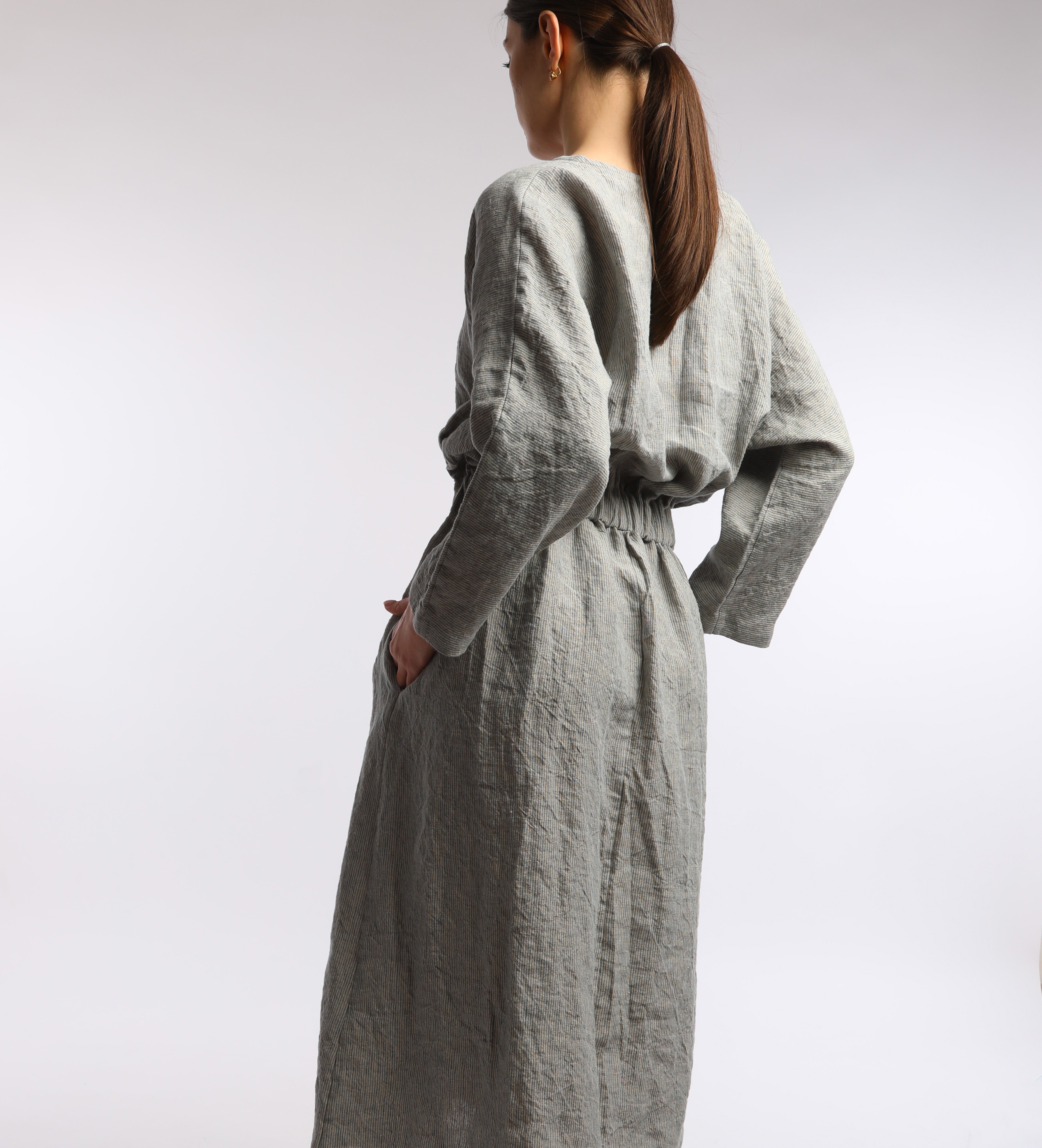 JOURNEY Midi Linen Dress with Elastic Waist - Sizes XS and S - Color BLUE STRIPES