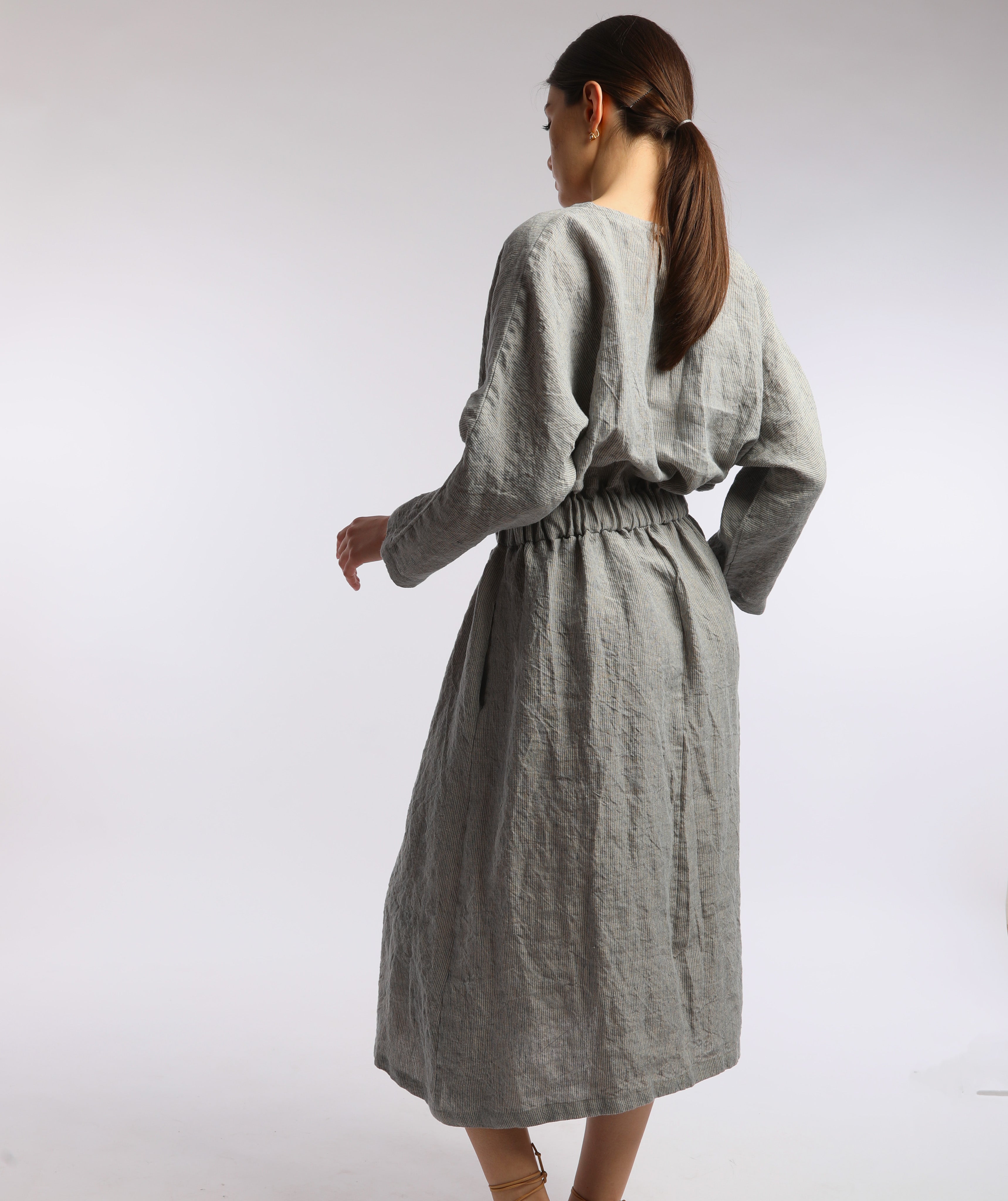 JOURNEY Midi Linen Dress with Elastic Waist - Sizes XS and S - Color BLUE STRIPES