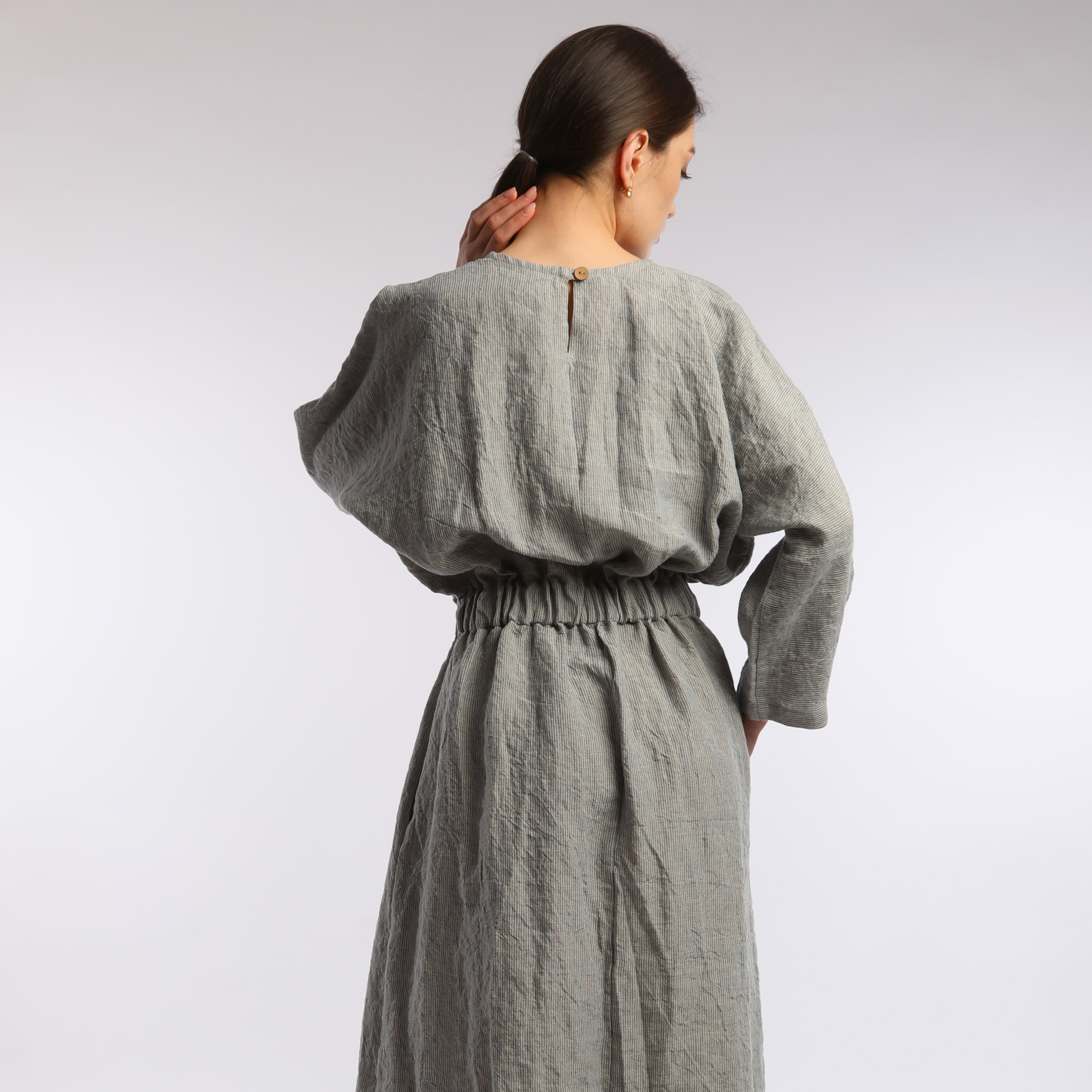 JOURNEY Midi Linen Dress with Elastic Waist - Sizes XS and S - Color BLUE STRIPES