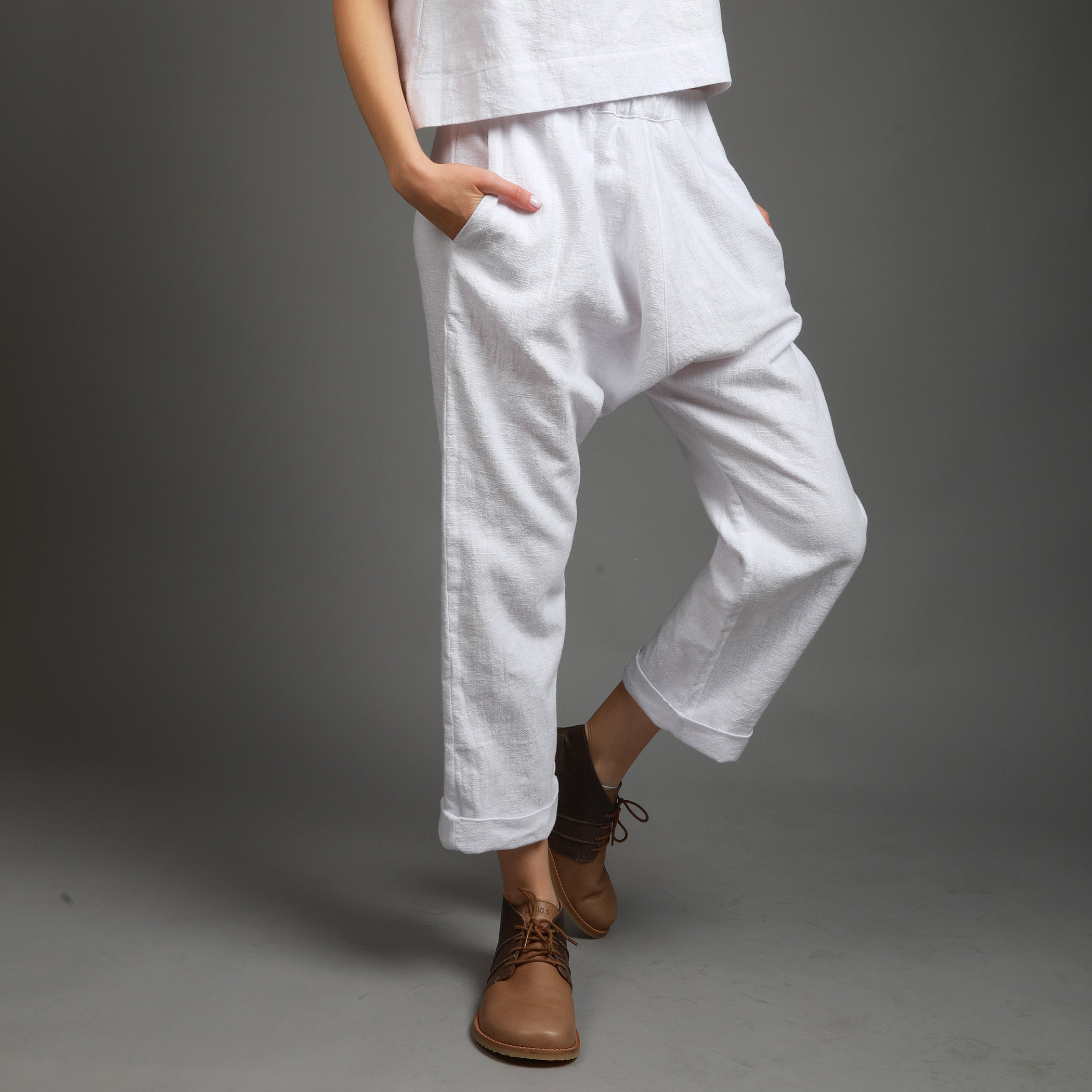 YUNA Drop Crotch Relaxed Linen Pants, Size XS, Color OPTIC WHITE 250GSM
