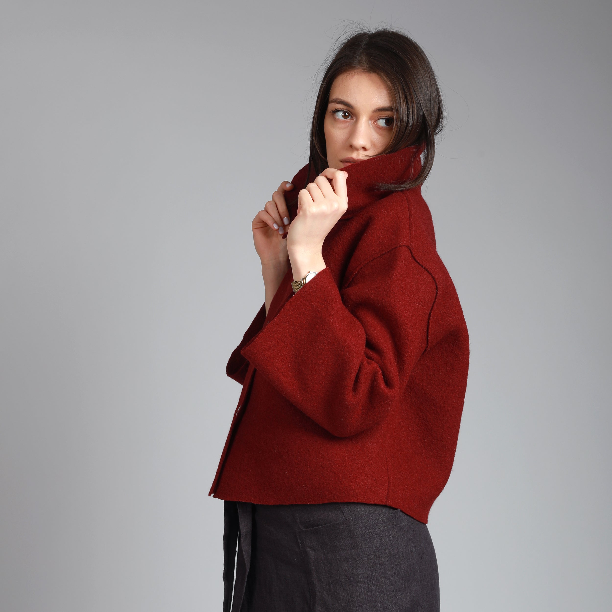 FRANKIE Cropped Boiled Wool Jacket - Size S, Color GREEN