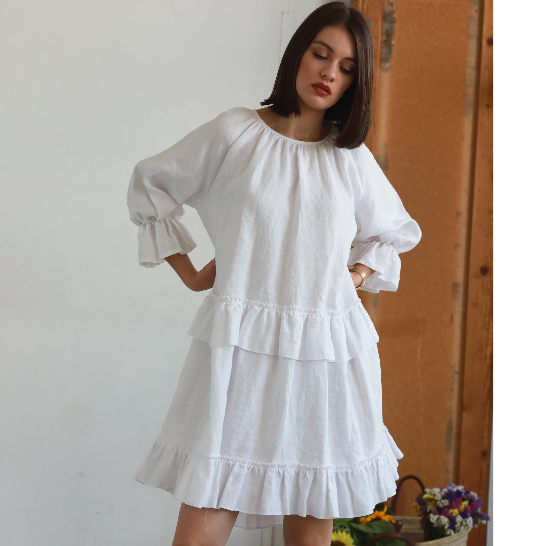 INA Peasant Style Linen Dress with Ruffles INA Peasant Style Linen Dress with Ruffles