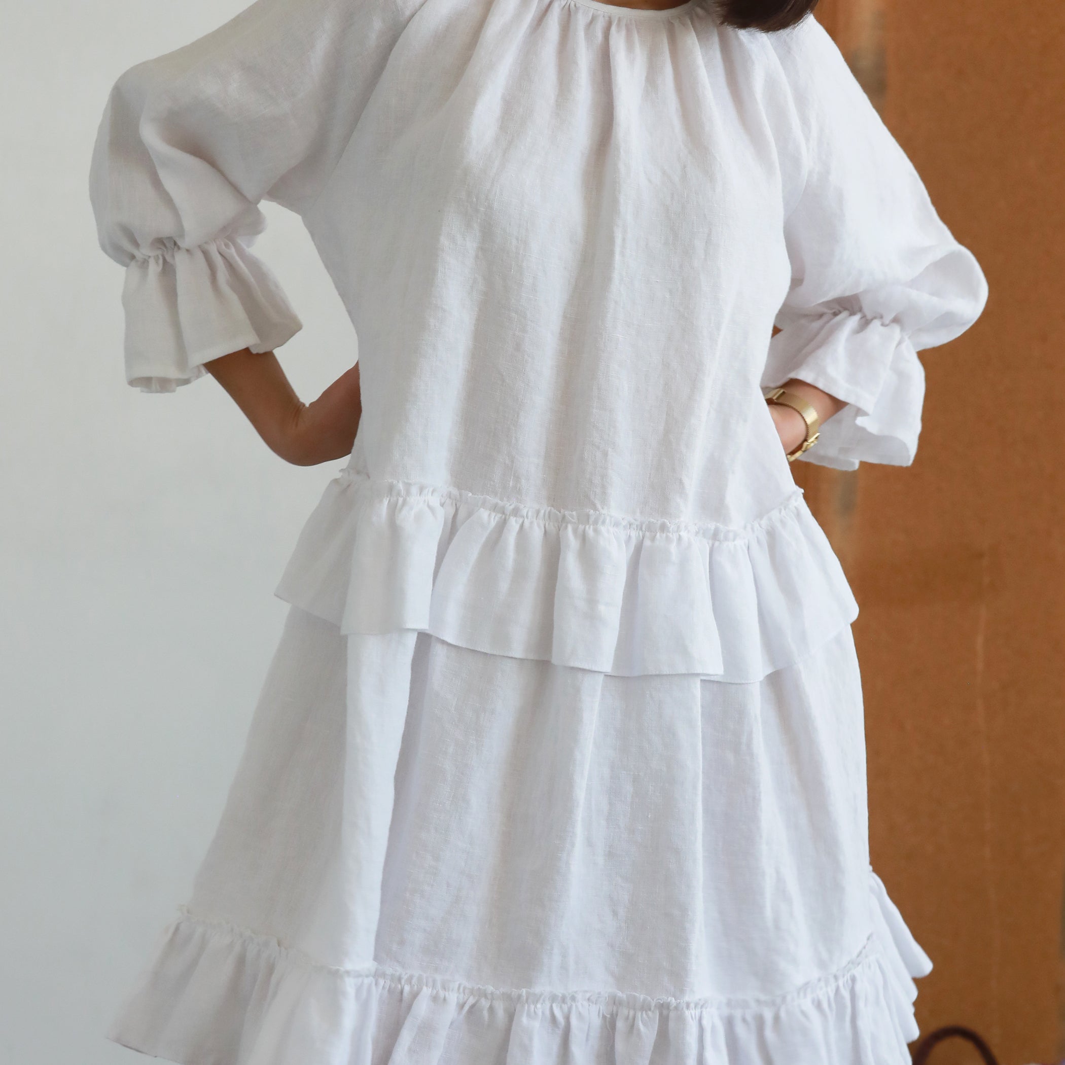 linen peasant dress INA Peasant Style Linen Dress with Ruffles