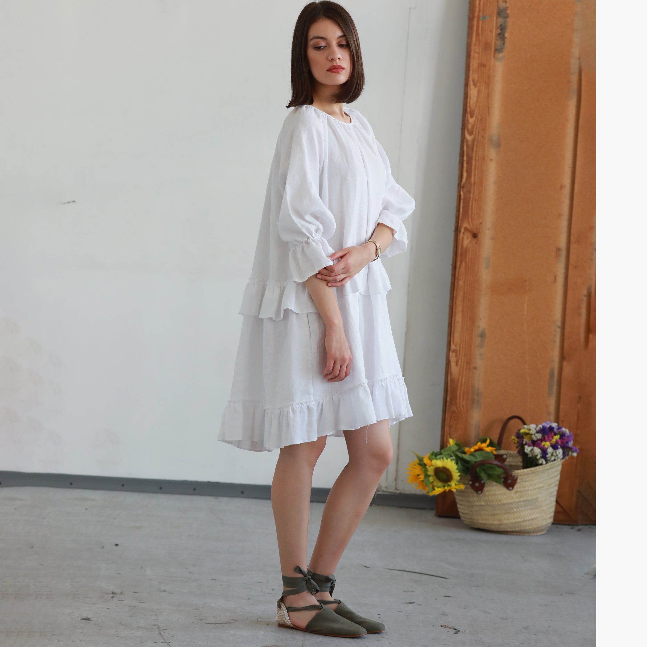 INA Peasant Style Linen Dress with Ruffles | KNOTIUM INA Peasant Style Linen Dress with Ruffles | KNOTIUM