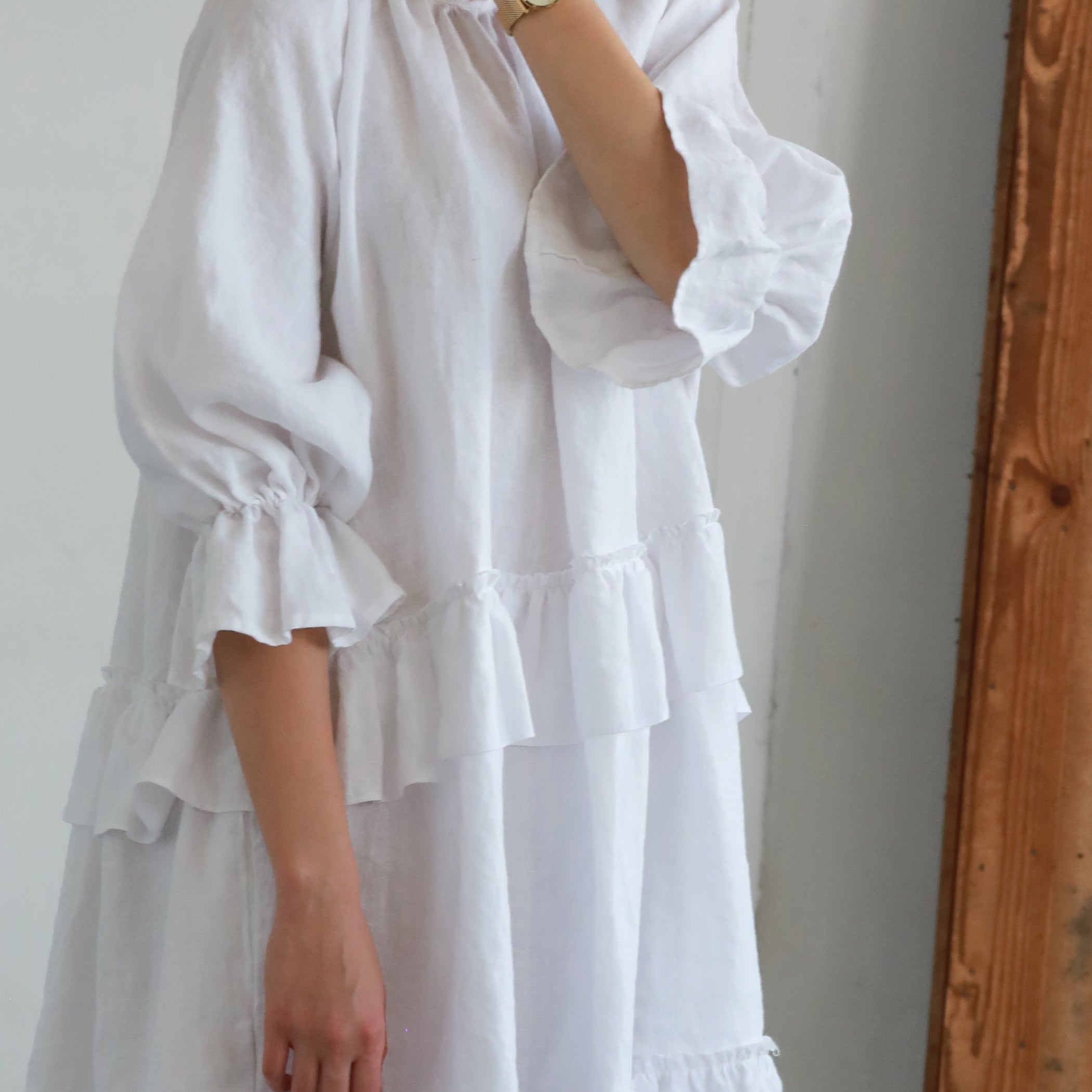 linen peasant dress INA Peasant Style Linen Dress with Ruffles
