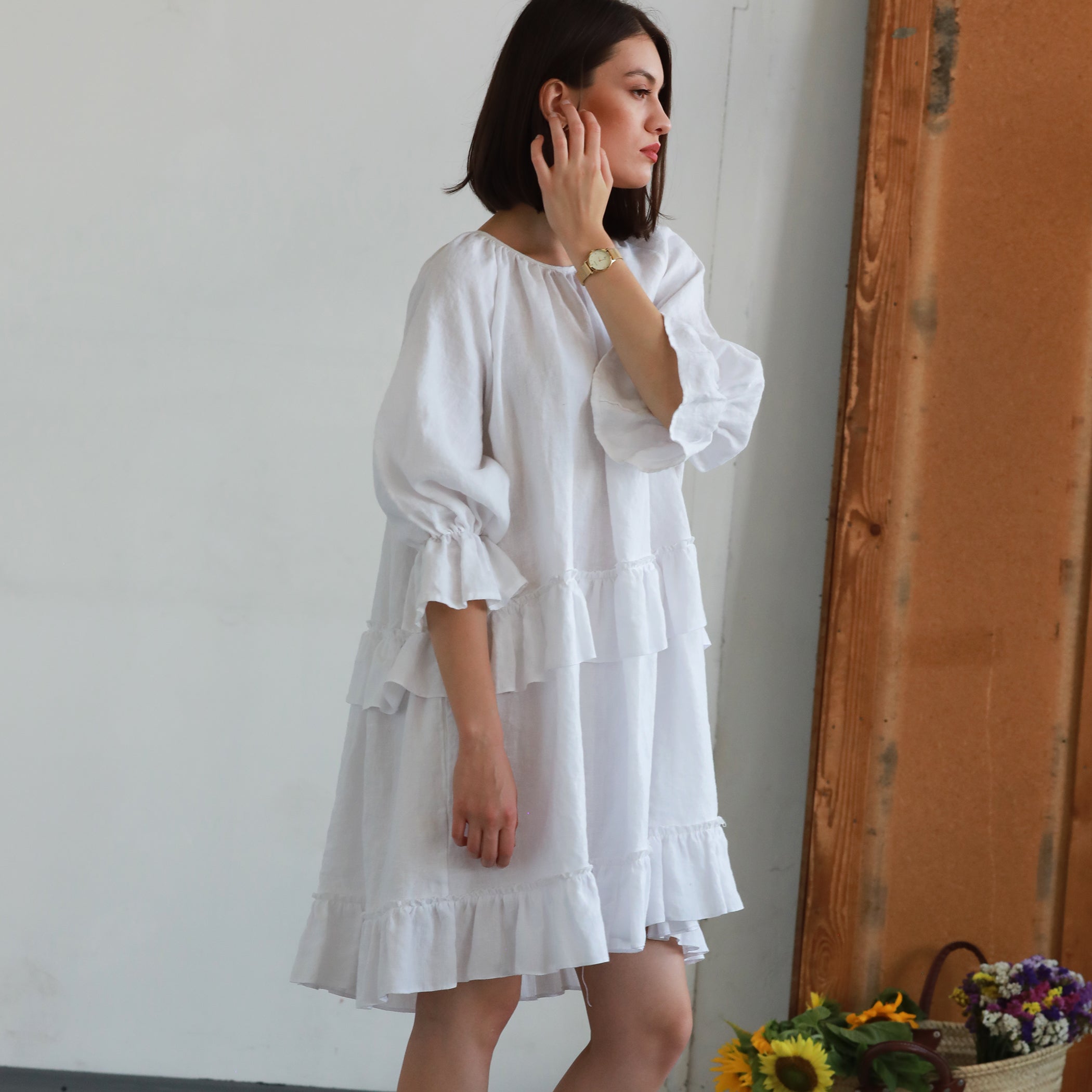 INA Peasant Style Linen Dress with Ruffles - SIZES XS, S, M - Color GRAYISH GREEN