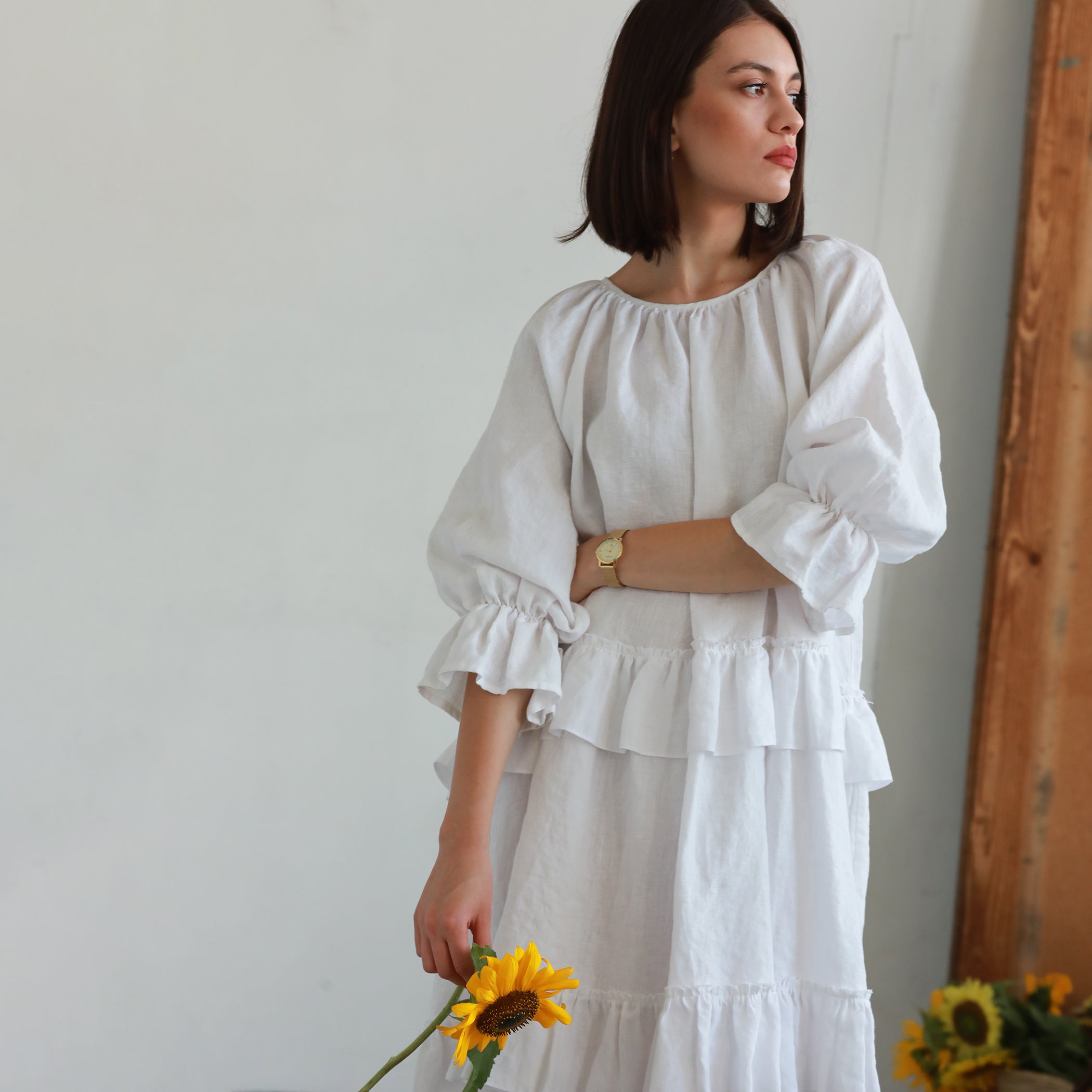 INA Peasant Style Linen Dress with Ruffles - SIZES XS, S, M - Color GRAYISH GREEN