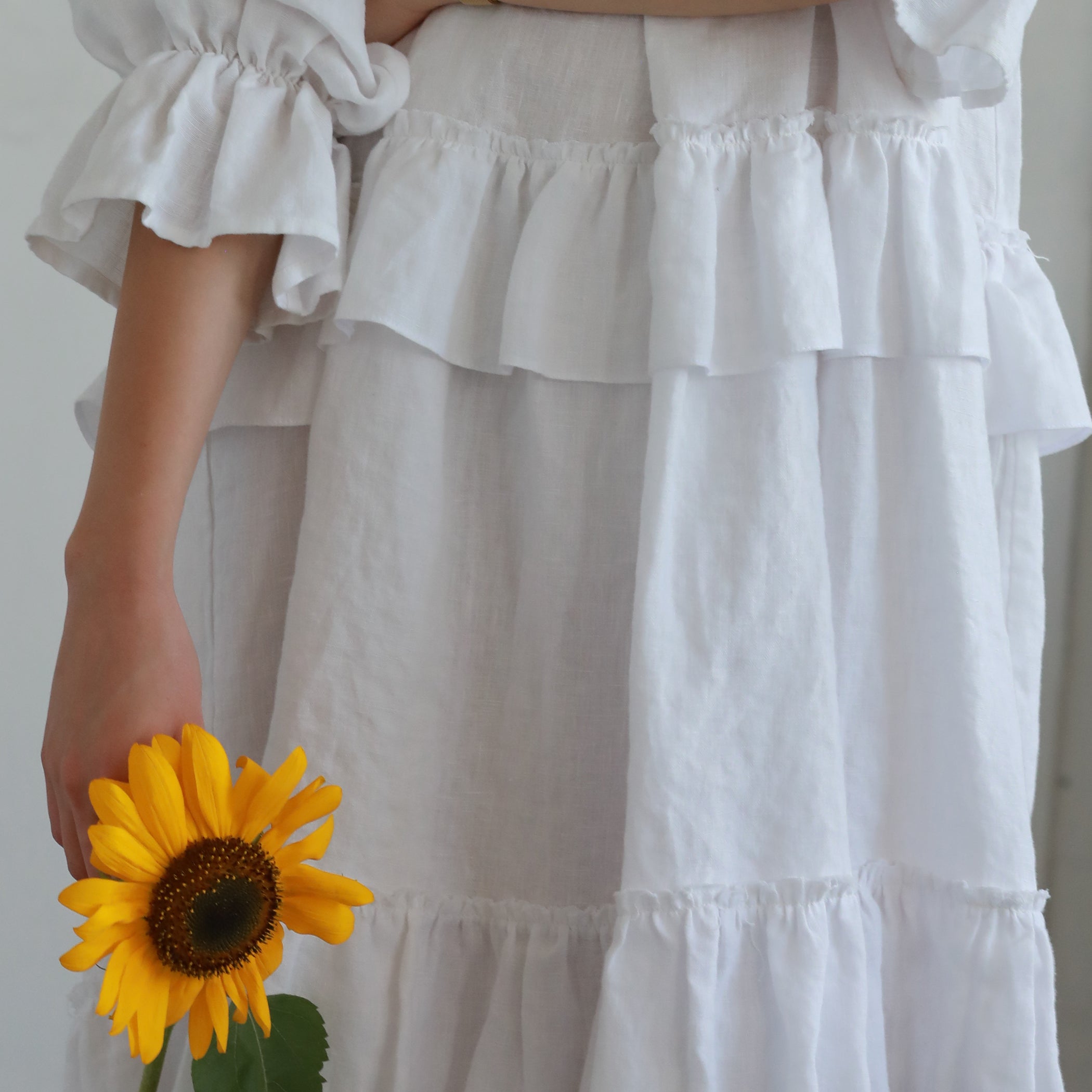 INA Peasant Style Linen Dress with Ruffles - SIZES XS, S, M - Color GRAYISH GREEN