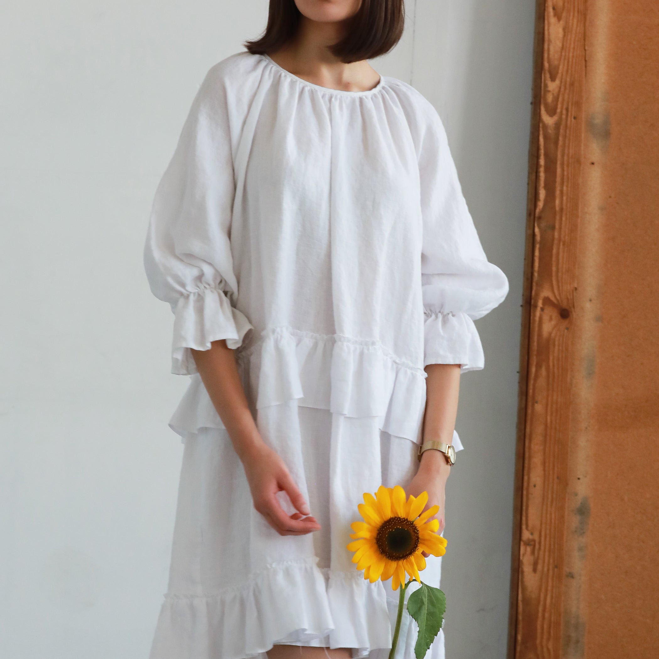 INA Peasant Style Linen Dress with Ruffles - SIZES XS, S, M - Color GRAYISH GREEN