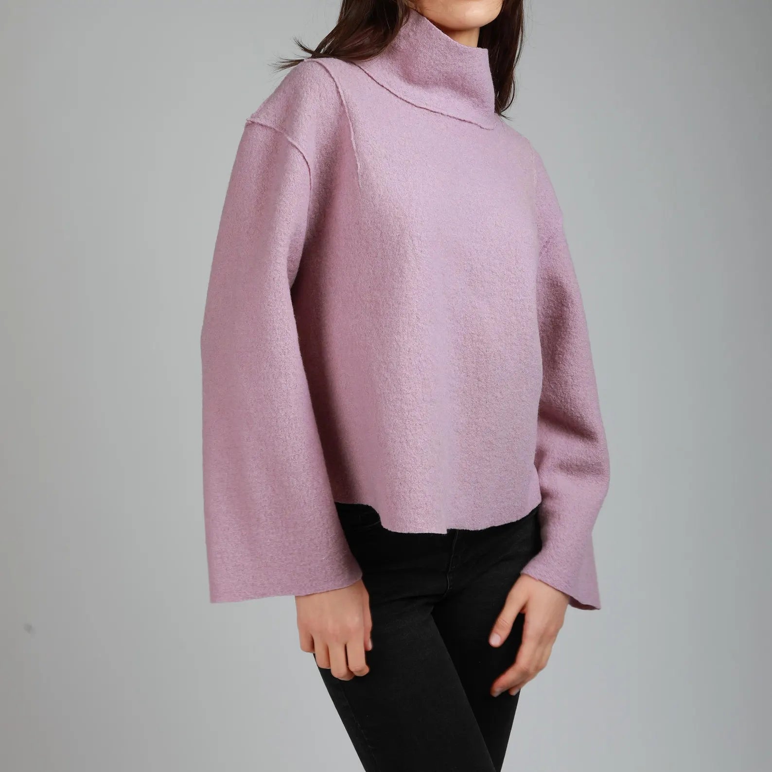 ALICE Cropped Loose Boiled Wood Jumper with Stand Up Collar