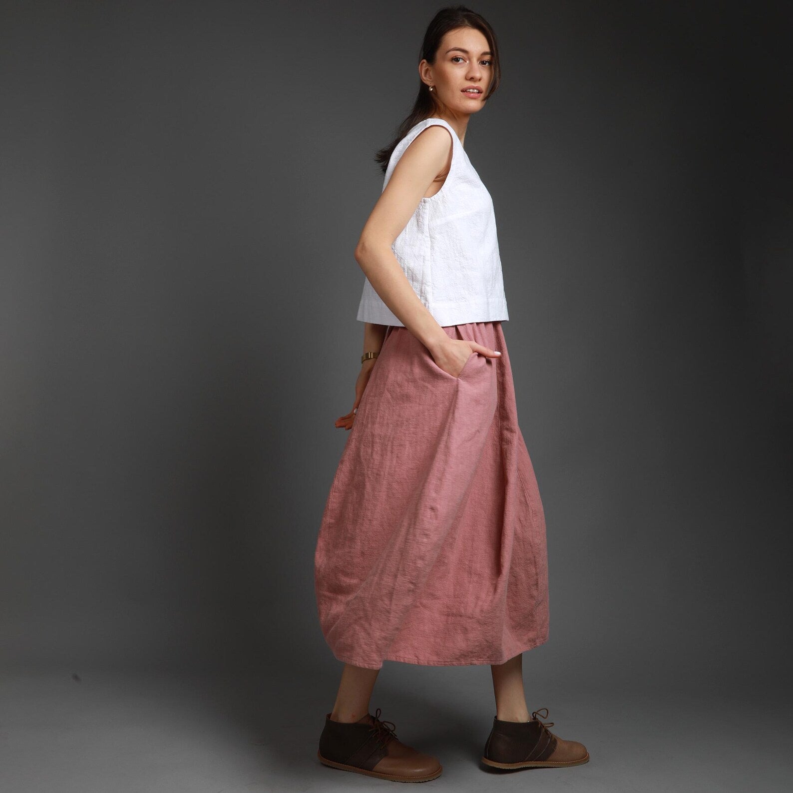 FLOWER Maxi Bubble Linen Skirt with Side Pockets