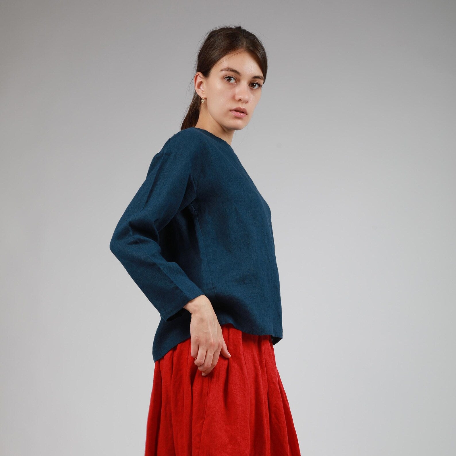 HANNA Long Sleeve Linen Top with Drop Shoulders