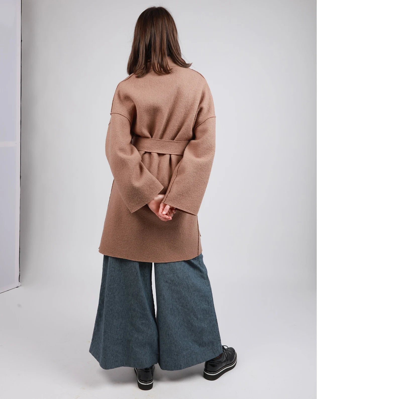 HAZEL Collarless Unlined Longline Boiled Wool Coat