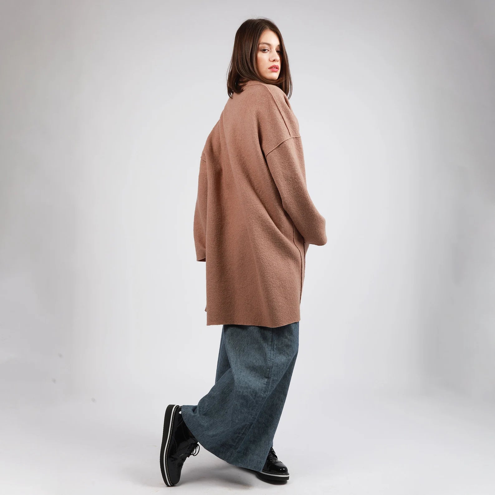 Collarless wool coat sales