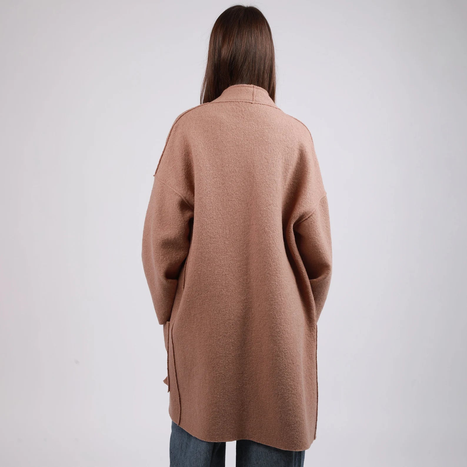 HAZEL Collarless Unlined Longline Boiled Wool Coat