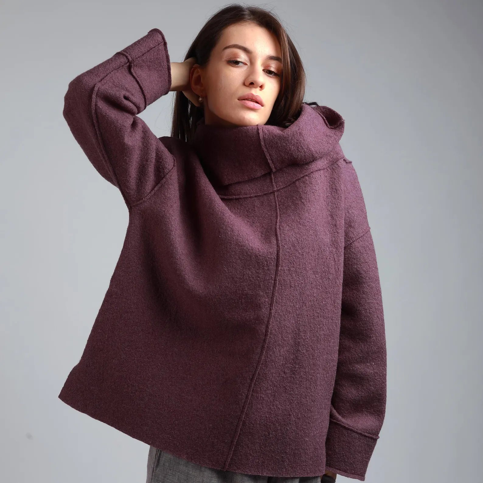 JAMIE Loose Boiled Wool Fall/Spring Sweater with High Split Turtleneck Collar