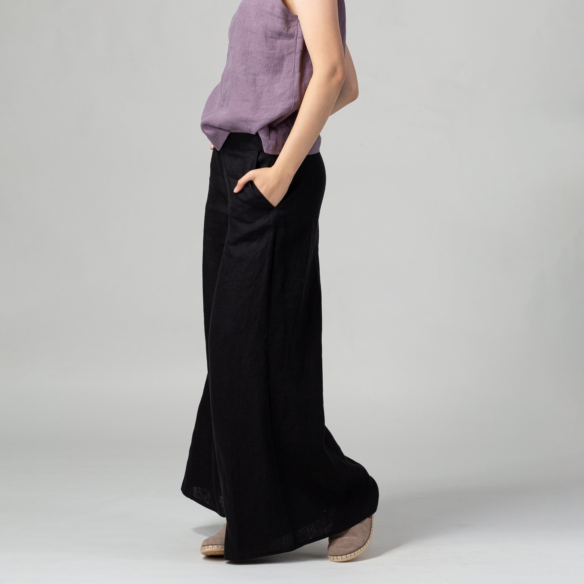 Wide Leg Linen Pants - Size XS, Color BLACK STRIPES