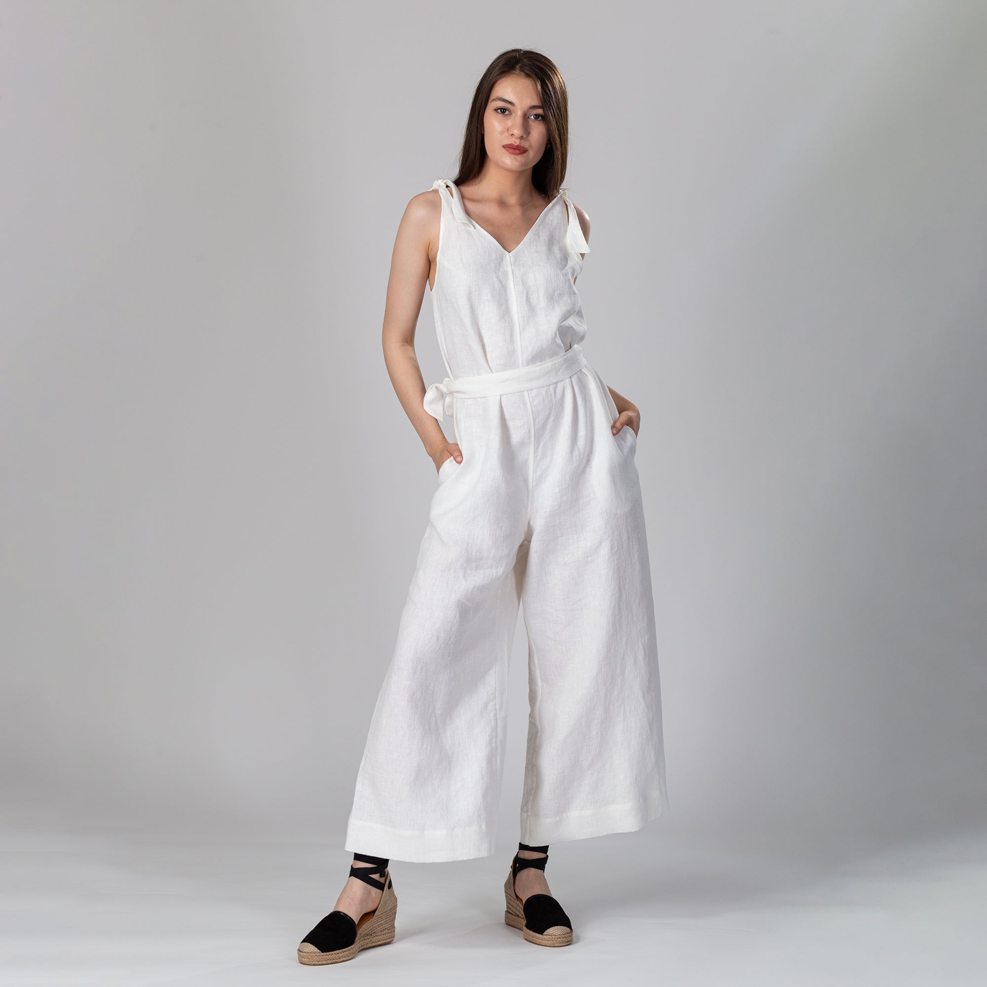 ELENI Shoulder Tie Strap Linen Jumpsuit, Size S, Color LEMON YELLOW