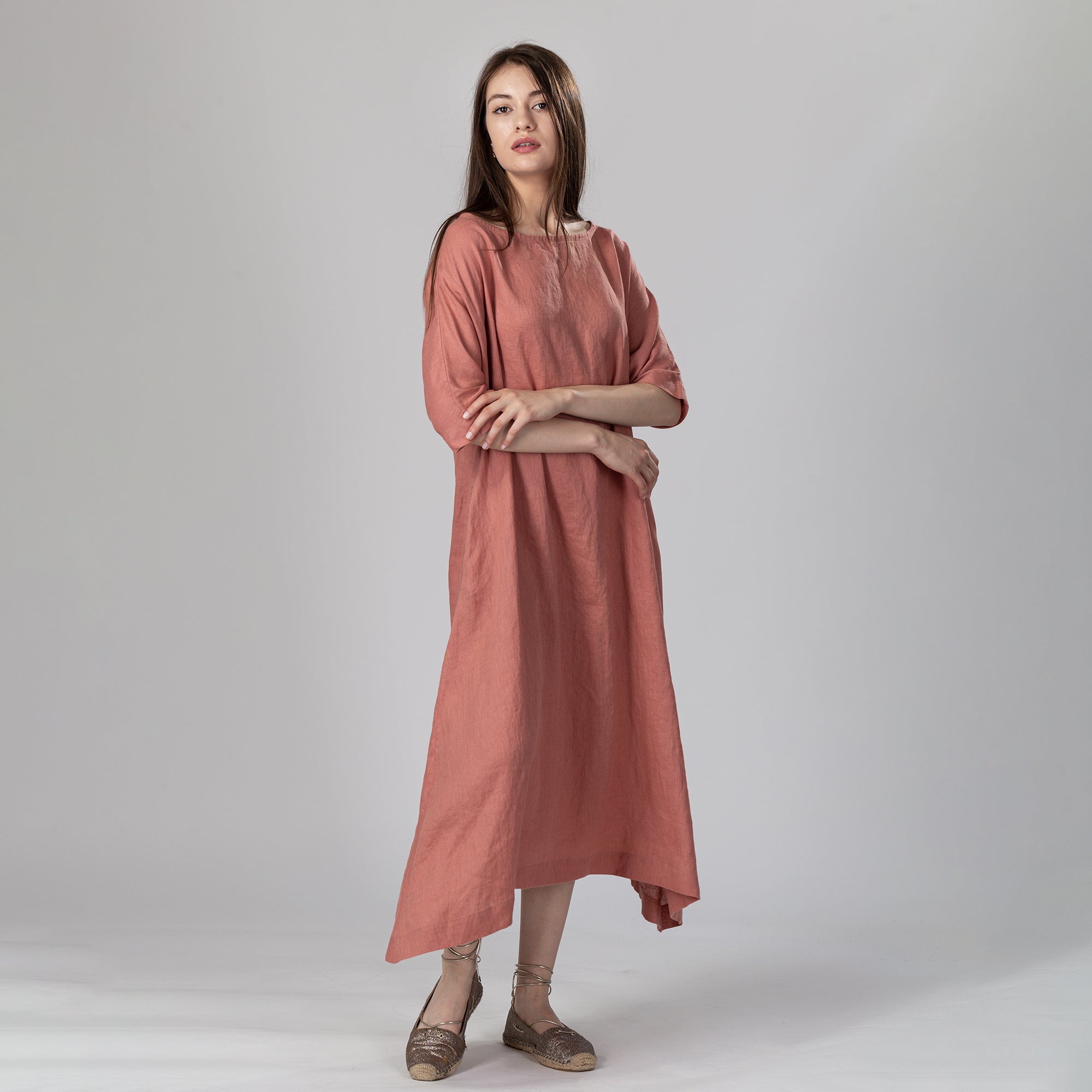 FLOW Drop Shoulder Linen Dress with Belt, Size XS, Color GRAYISH MINT