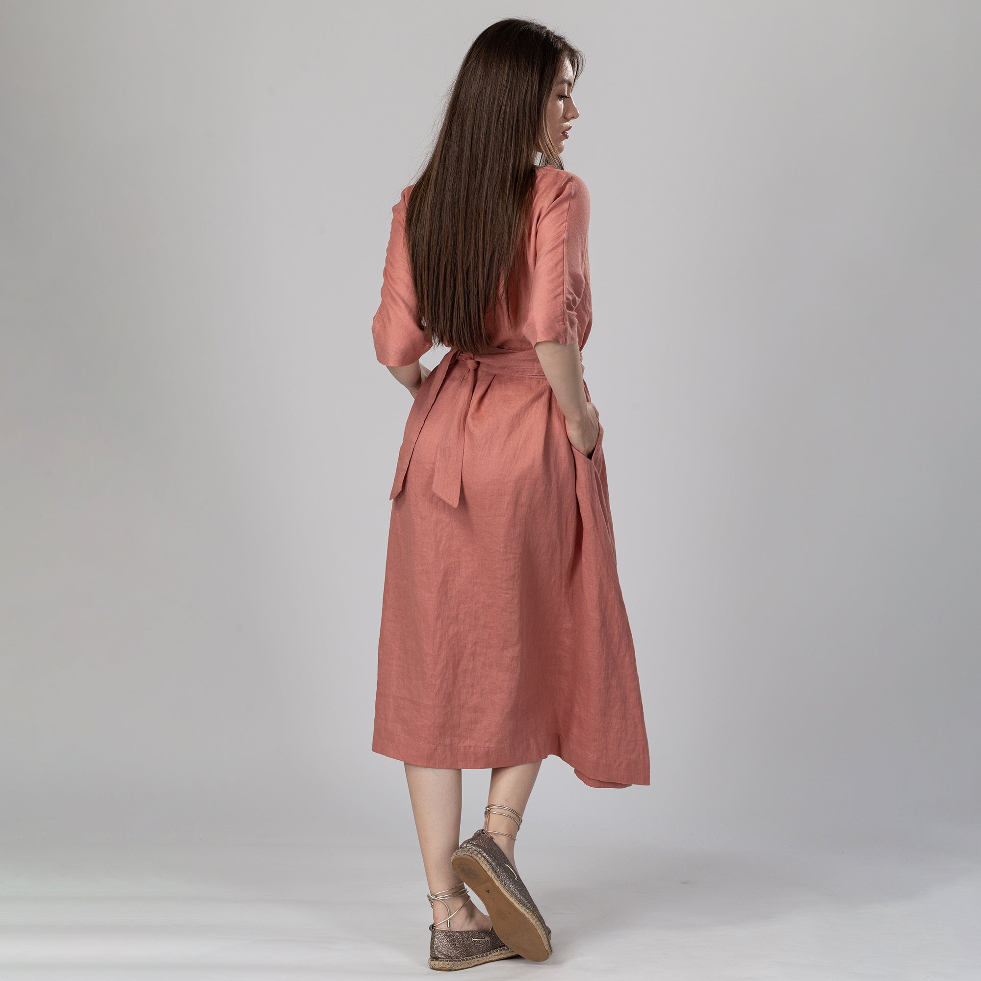 FLOW Drop Shoulder Linen Dress with Belt, Size XS, Color GRAYISH MINT