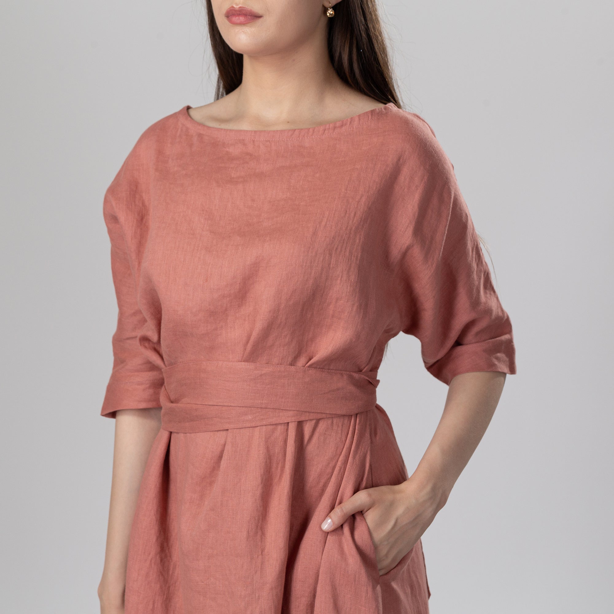 FLOW Drop Shoulder Linen Dress with Belt, Size XS, Color GRAYISH MINT