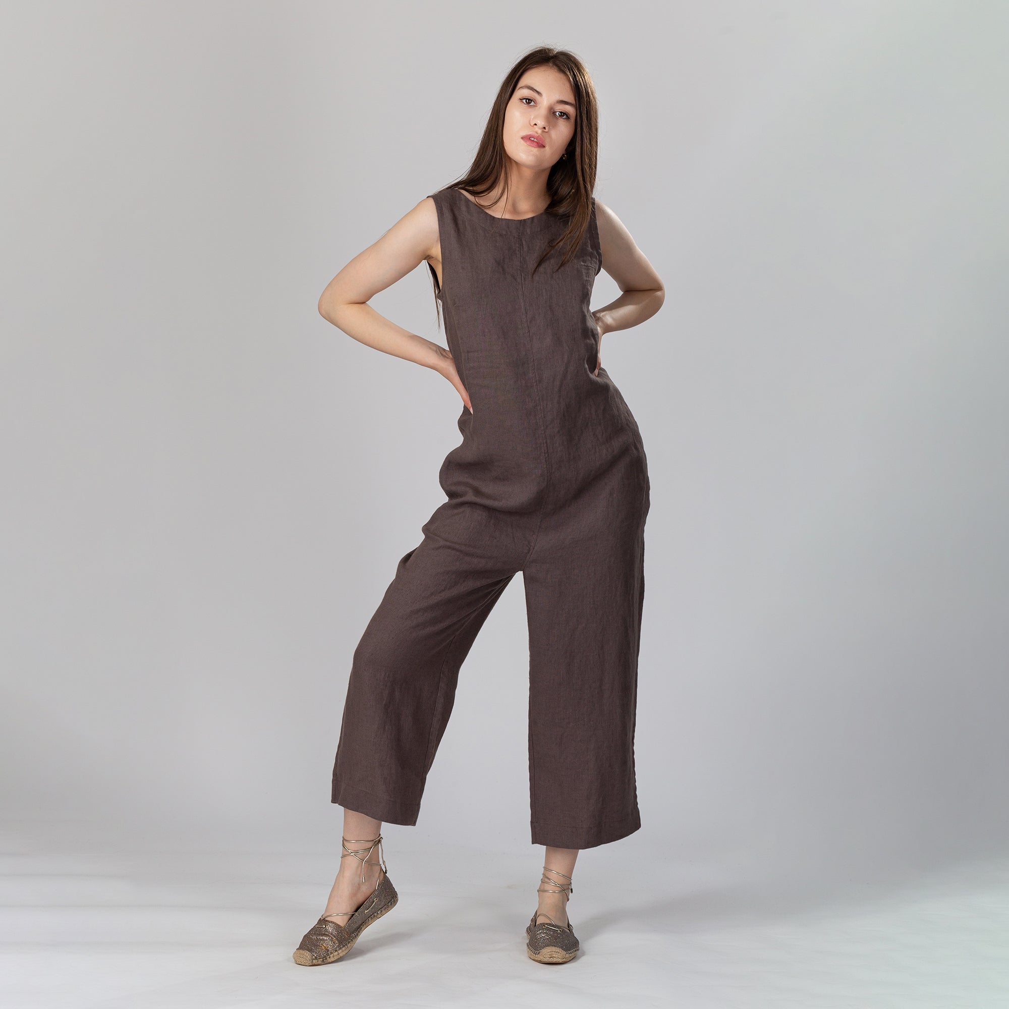 PHOEBE Back V-Neck Jumpsuit, Size M, Color GRAYISH GREEN