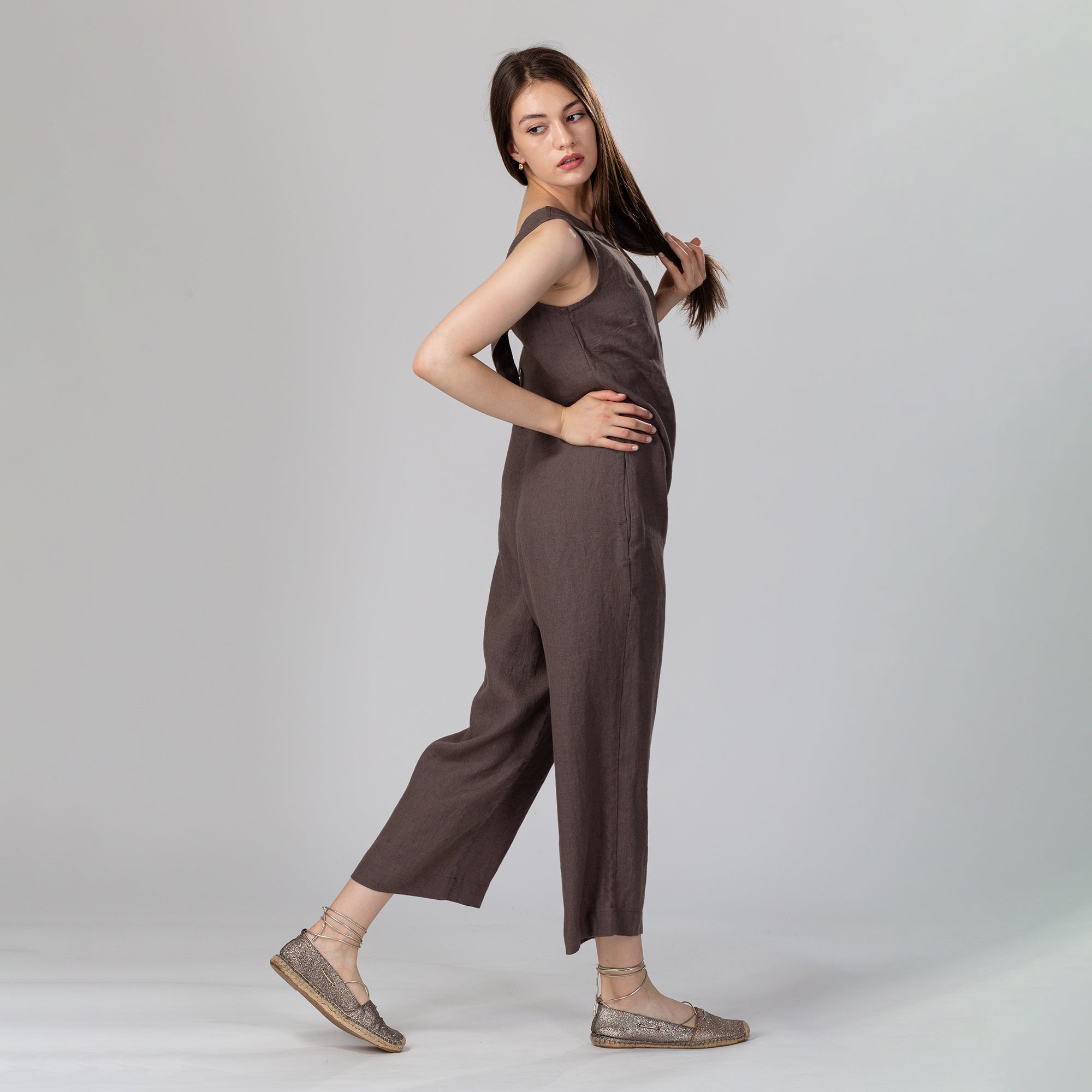 PHOEBE Back V-Neck Jumpsuit, Size M, Color GRAYISH GREEN