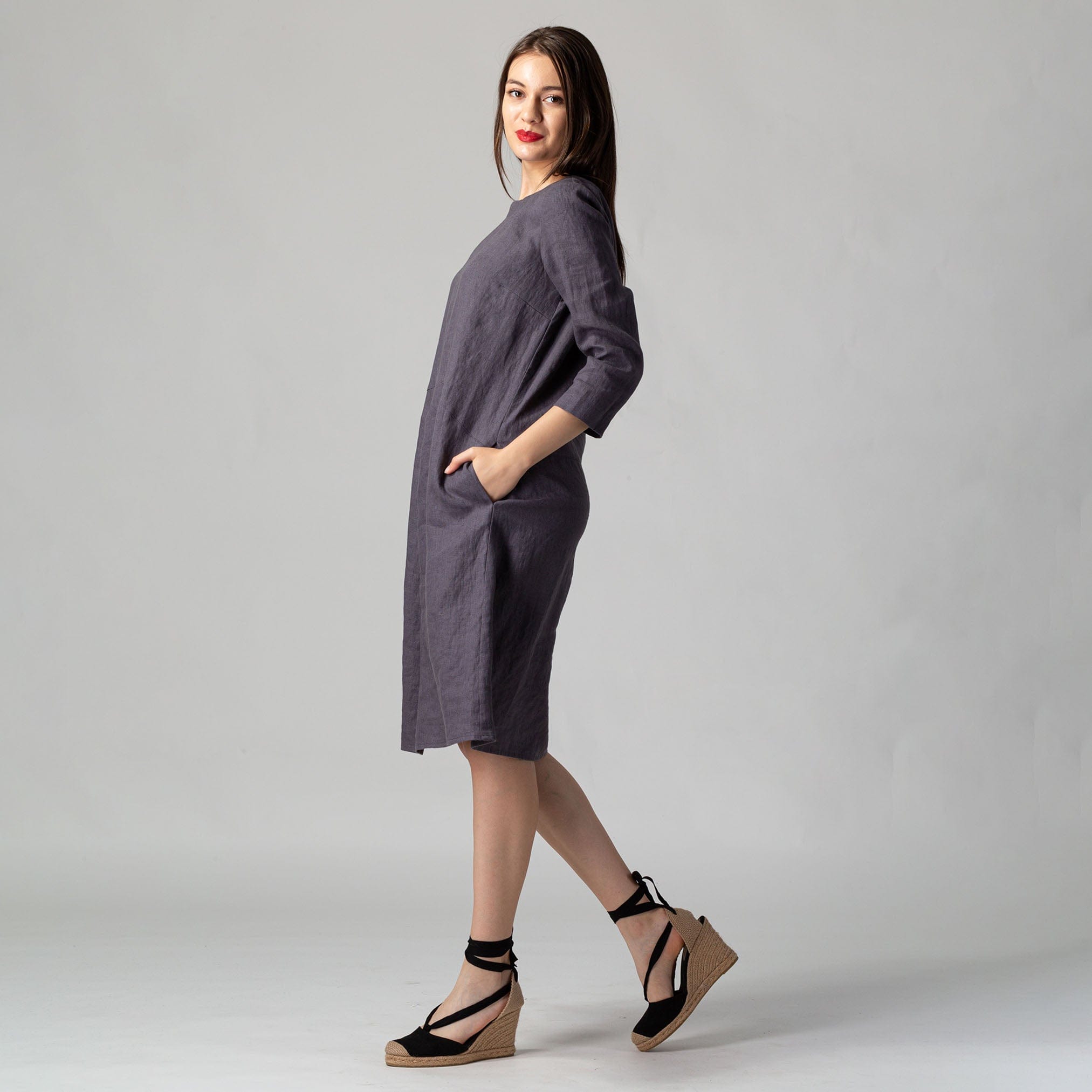 dark grey linen dress Hinvhai Women Cotton Linen Dress Sleeveless Crew Neck Waist Cincher Casual Midi Elegant Dresses Dark Gray, Women's, Size: Small