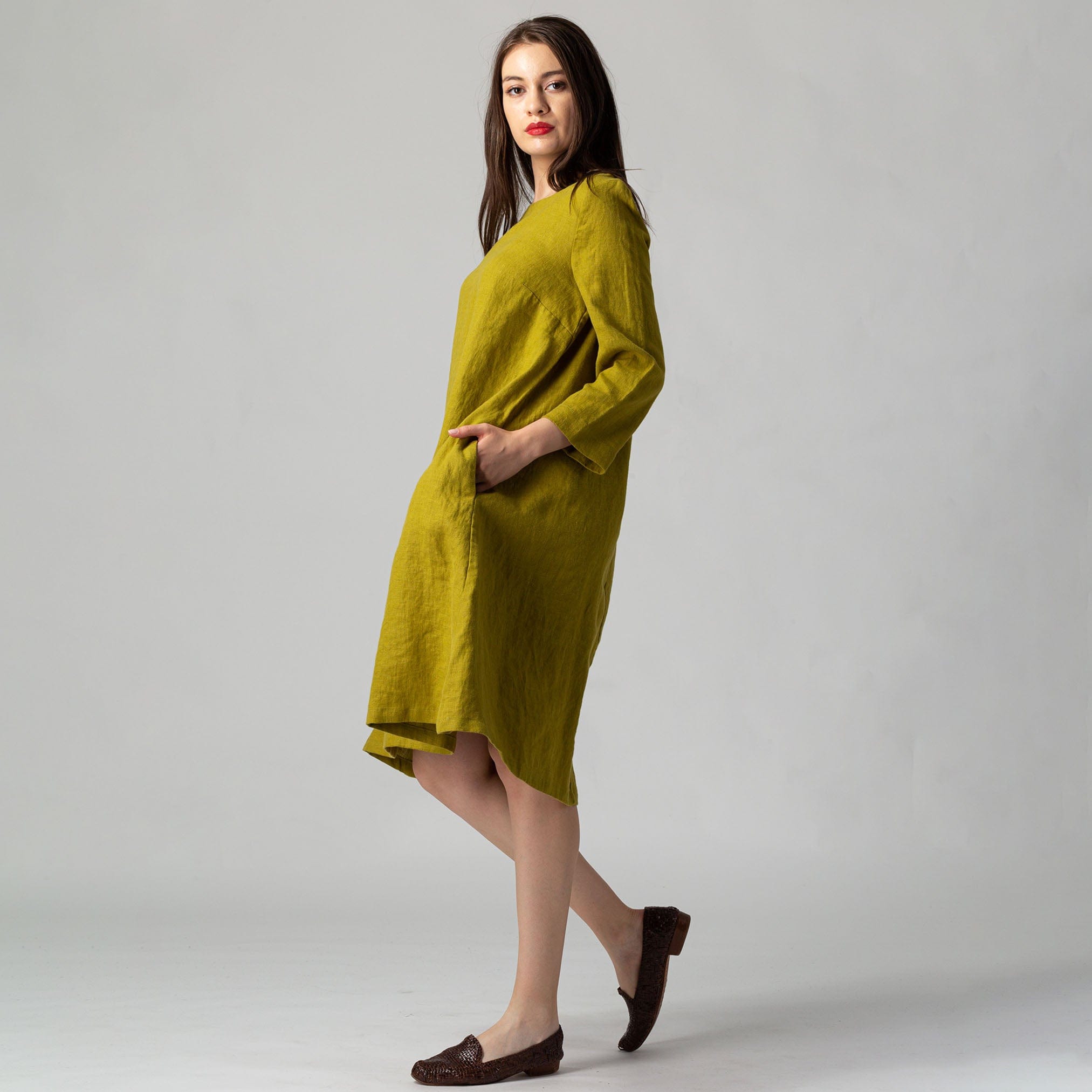 Midi Swing Linen Dress Moss Green | KNOTIUM Midi Swing Linen Dress Moss Green | KNOTIUM