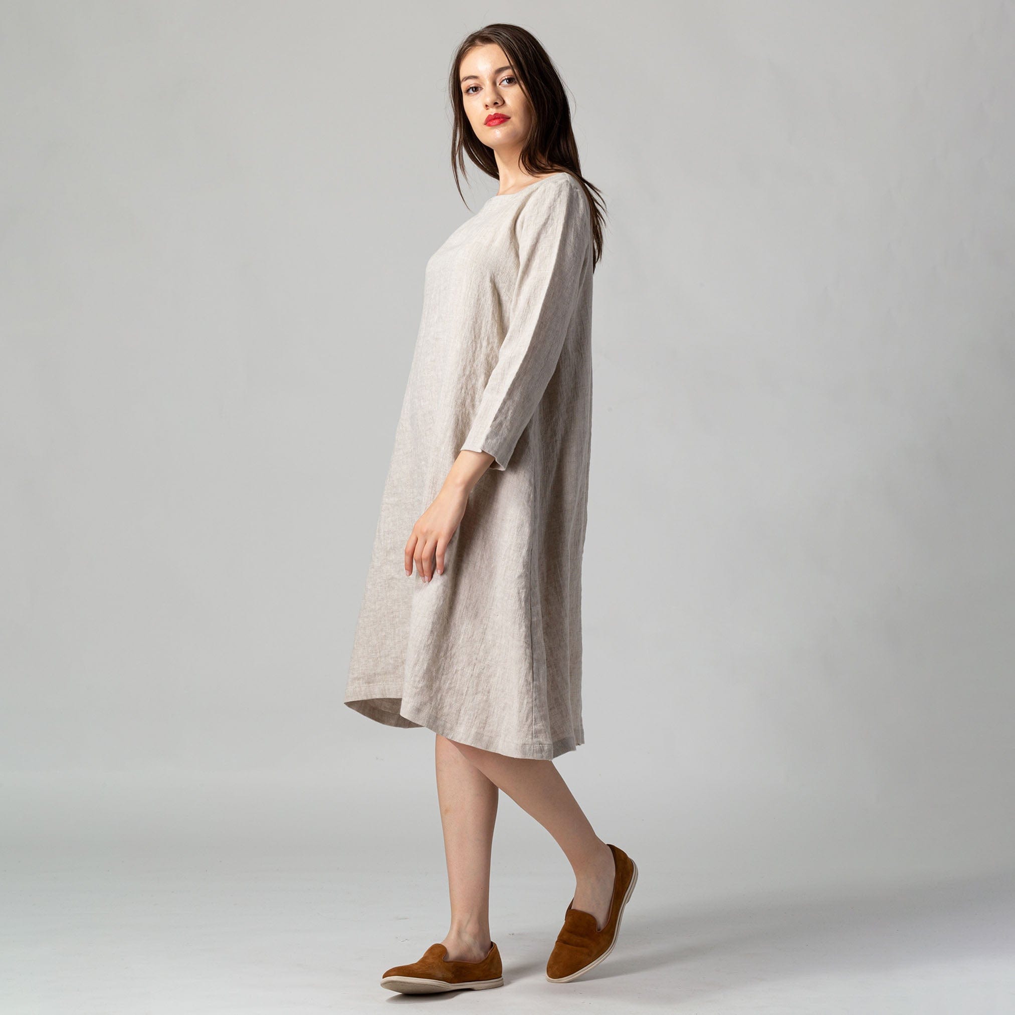 Midi Swing Linen Dress Natural | KNOTIUM Midi Swing Linen Dress Natural | KNOTIUM