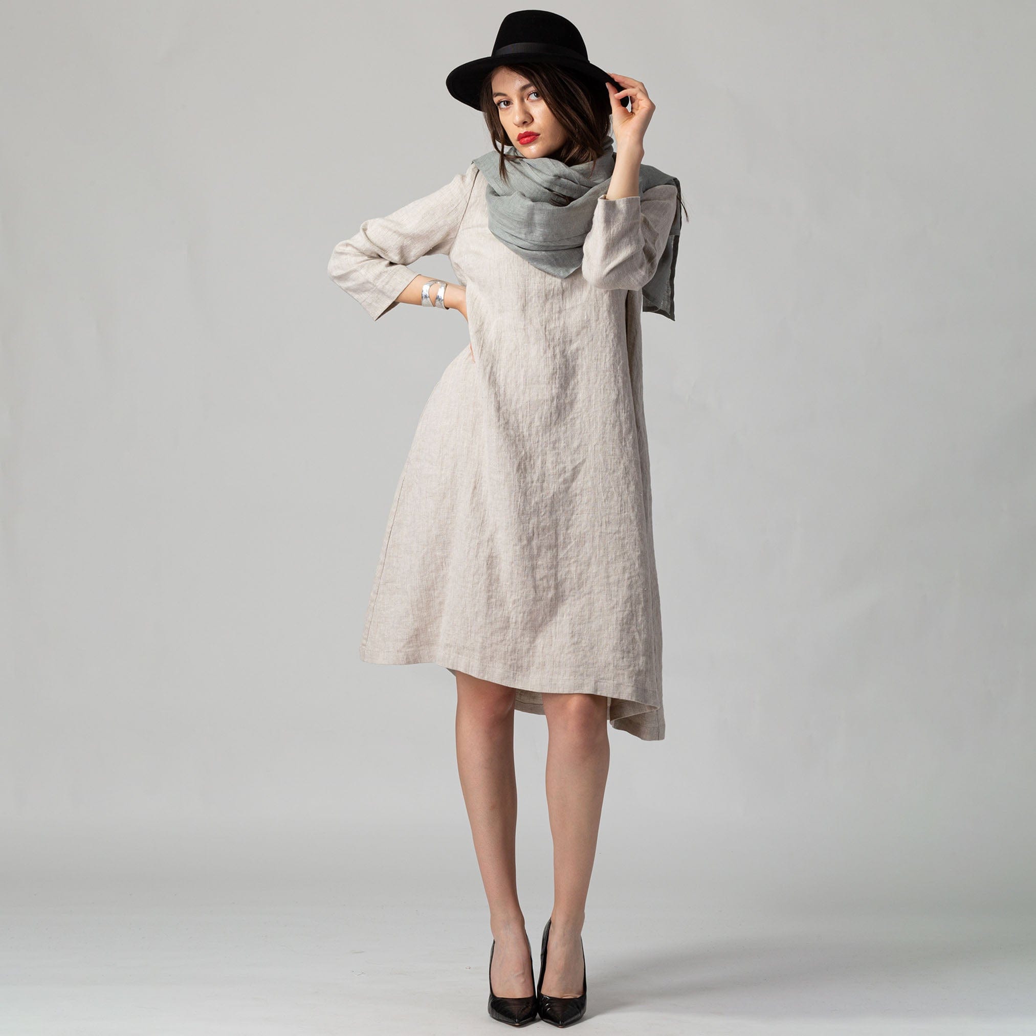Midi Swing Linen Dress Natural | KNOTIUM Midi Swing Linen Dress Natural | KNOTIUM