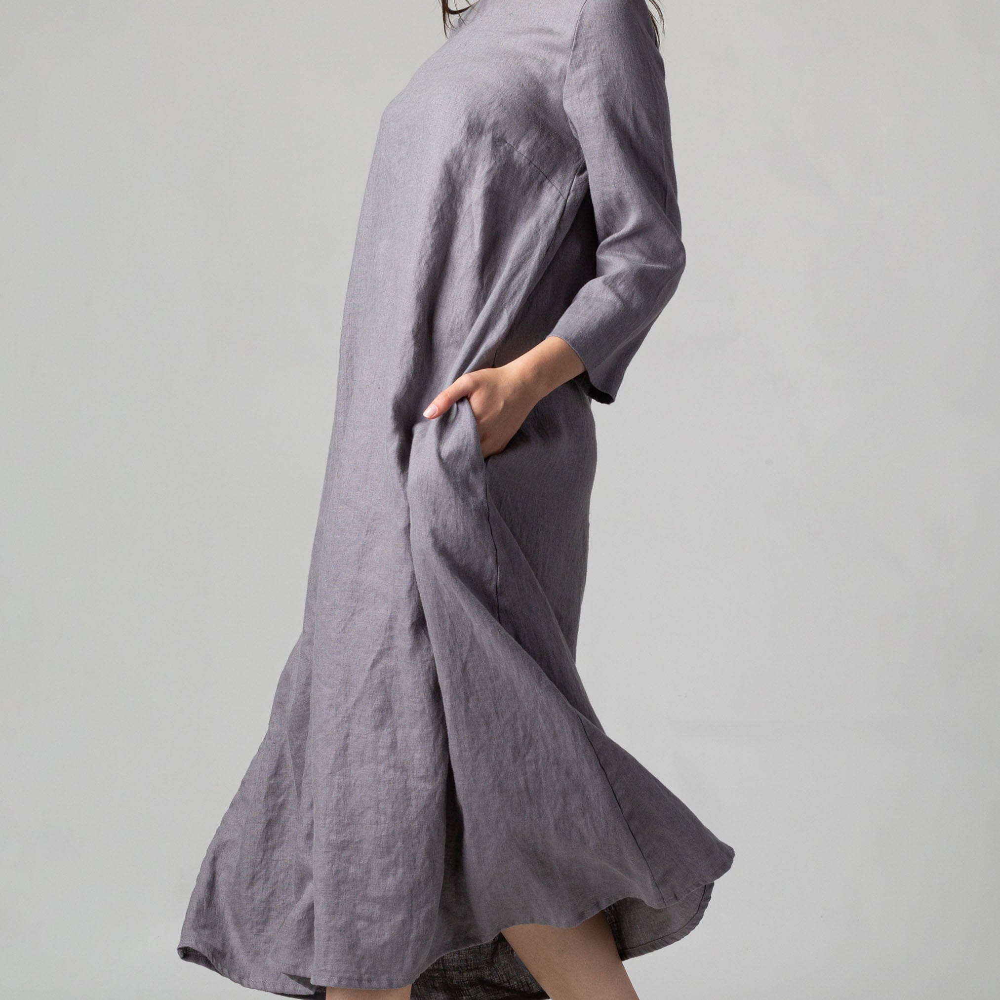 Maxi Linen Dress with Belt Ash Gray | KNOTIUM Maxi Linen Dress with Belt Ash Gray | KNOTIUM
