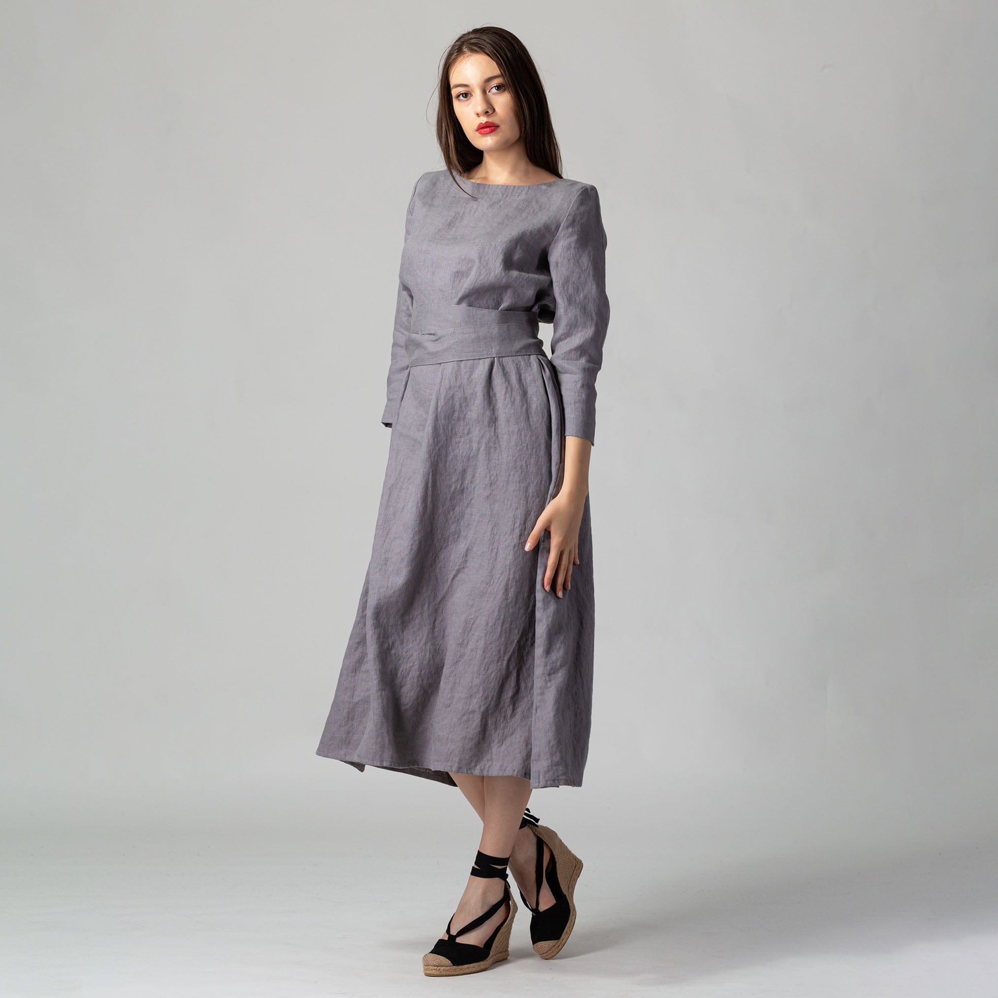 Maxi Linen Dress with Belt Ash Gray | KNOTIUM Maxi Linen Dress with Belt Ash Gray | KNOTIUM