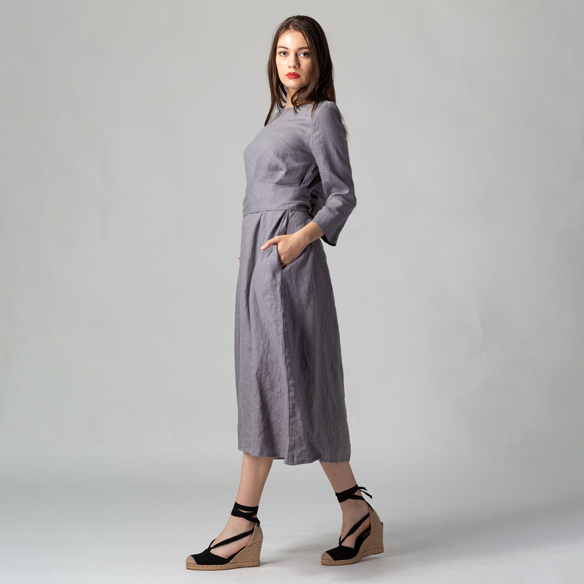 Maxi Linen Dress with Belt Ash Gray | KNOTIUM Maxi Linen Dress with Belt Ash Gray | KNOTIUM