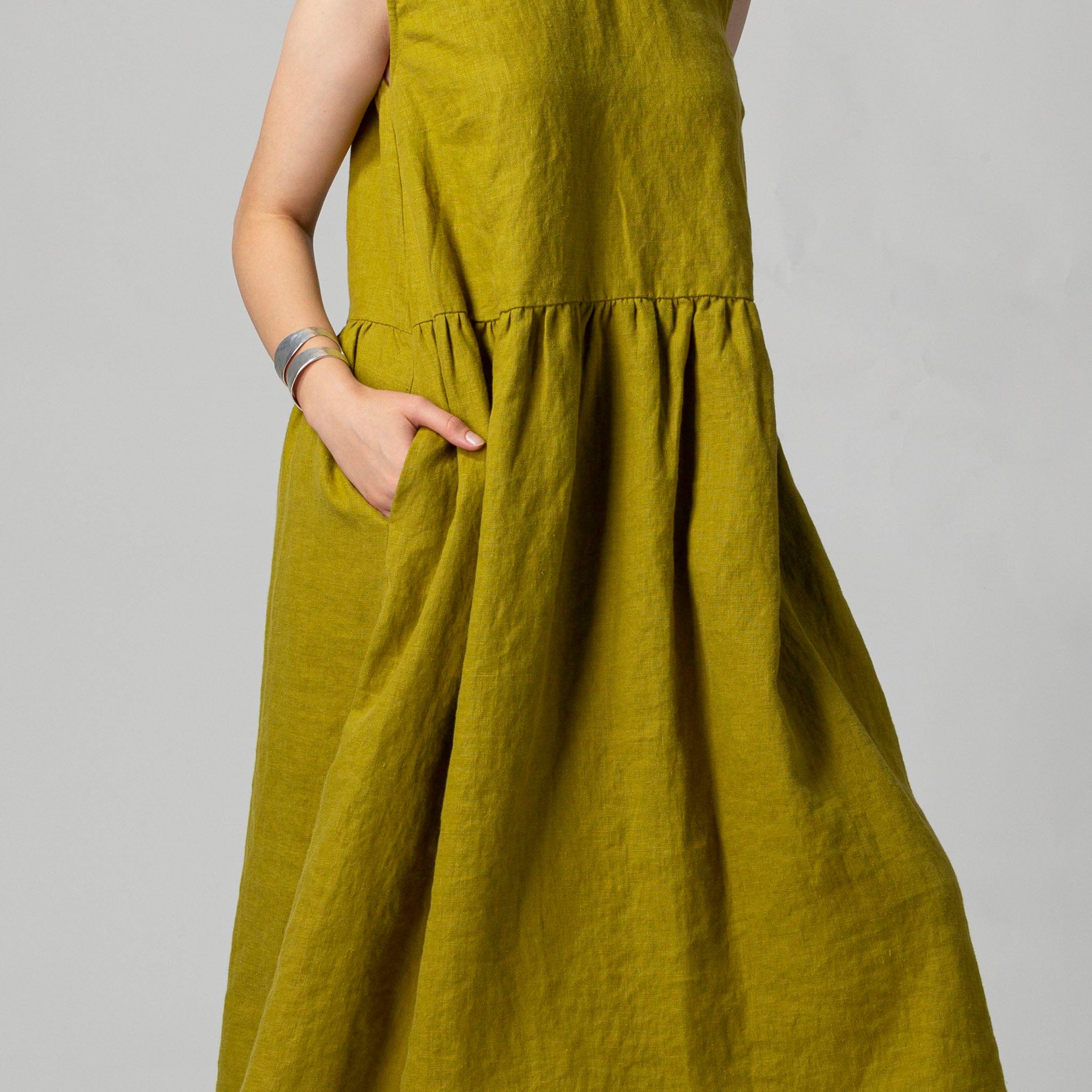 Loose Gathered Linen Dress Moss Green Loose Gathered Linen Dress Moss Green