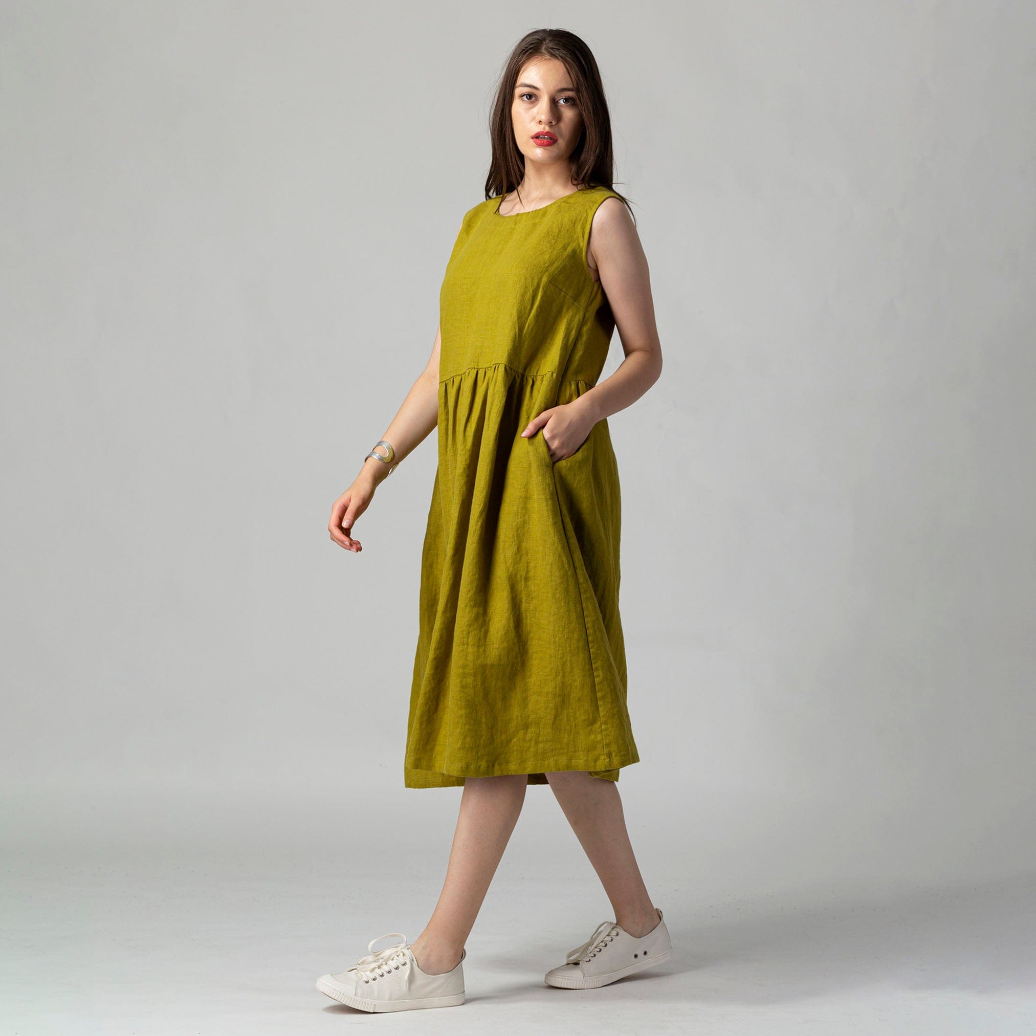 Loose Gathered Linen Dress Moss Green Loose Gathered Linen Dress Moss Green
