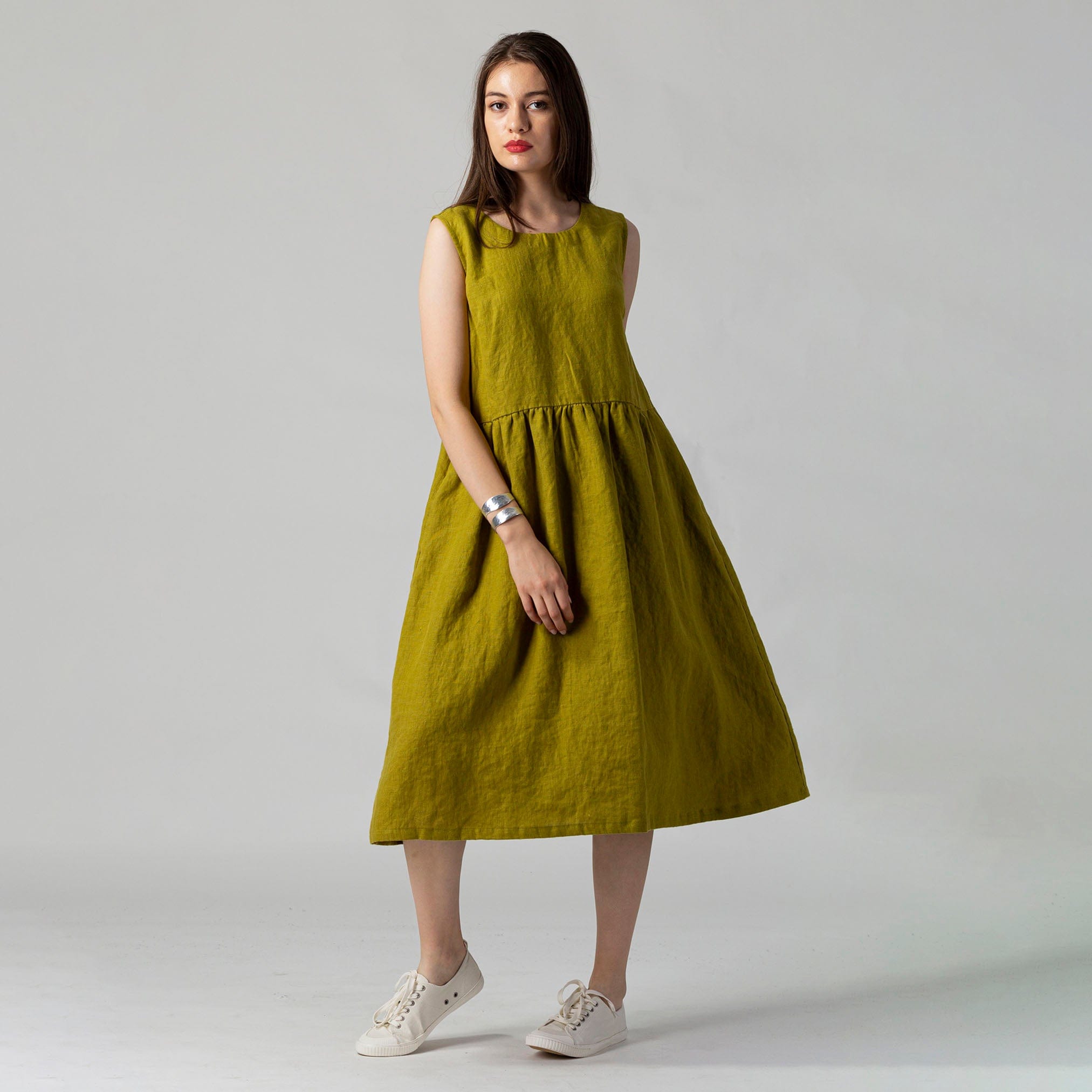 Loose Gathered Linen Dress Moss Green Loose Gathered Linen Dress Moss Green