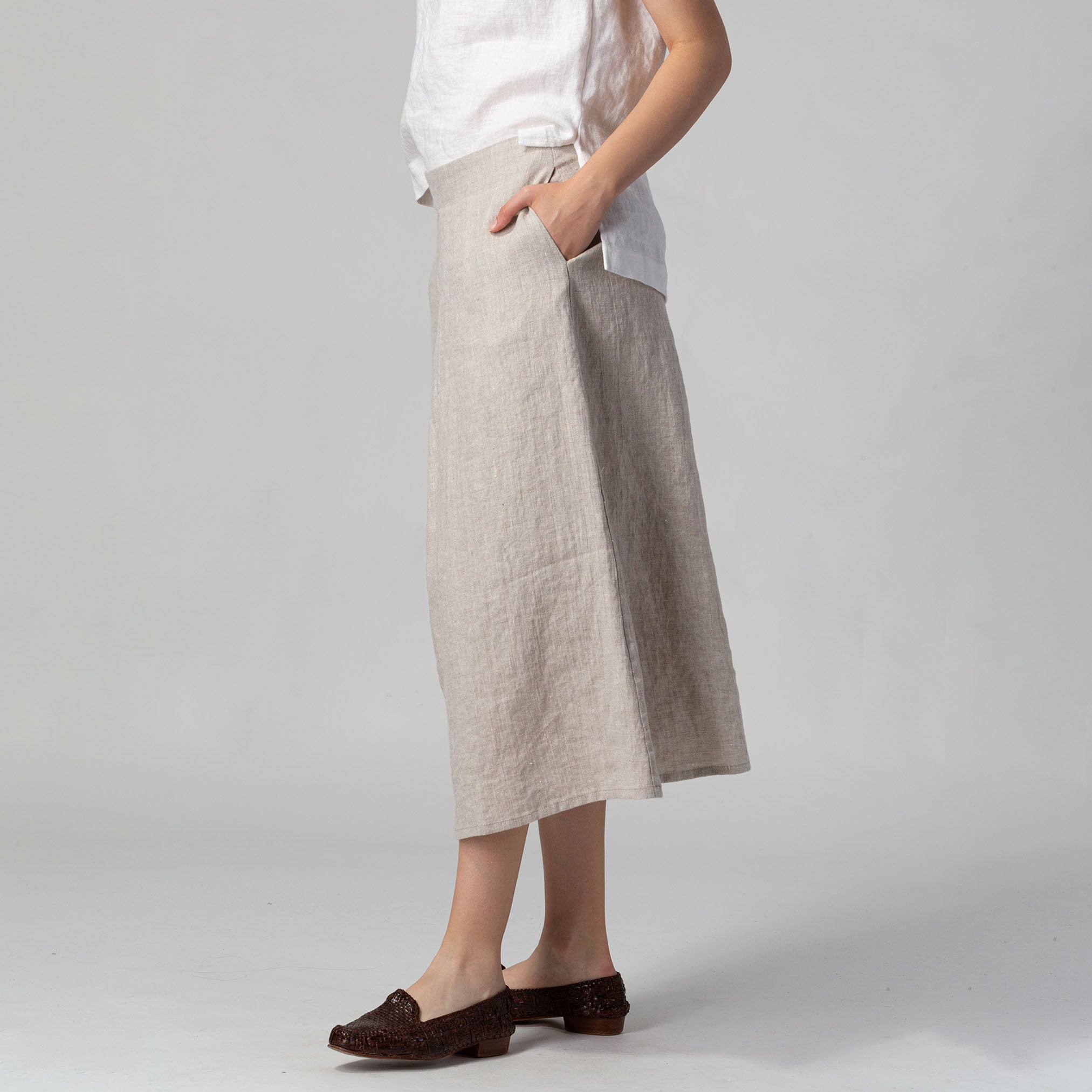 Front Pleat Linen Skirt Natural