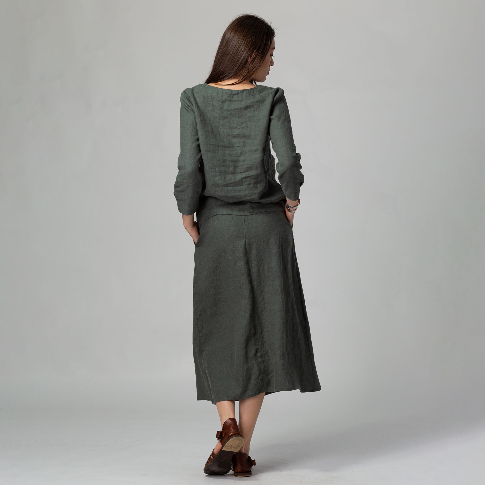 Front Pleat Linen Skirt Forest Green