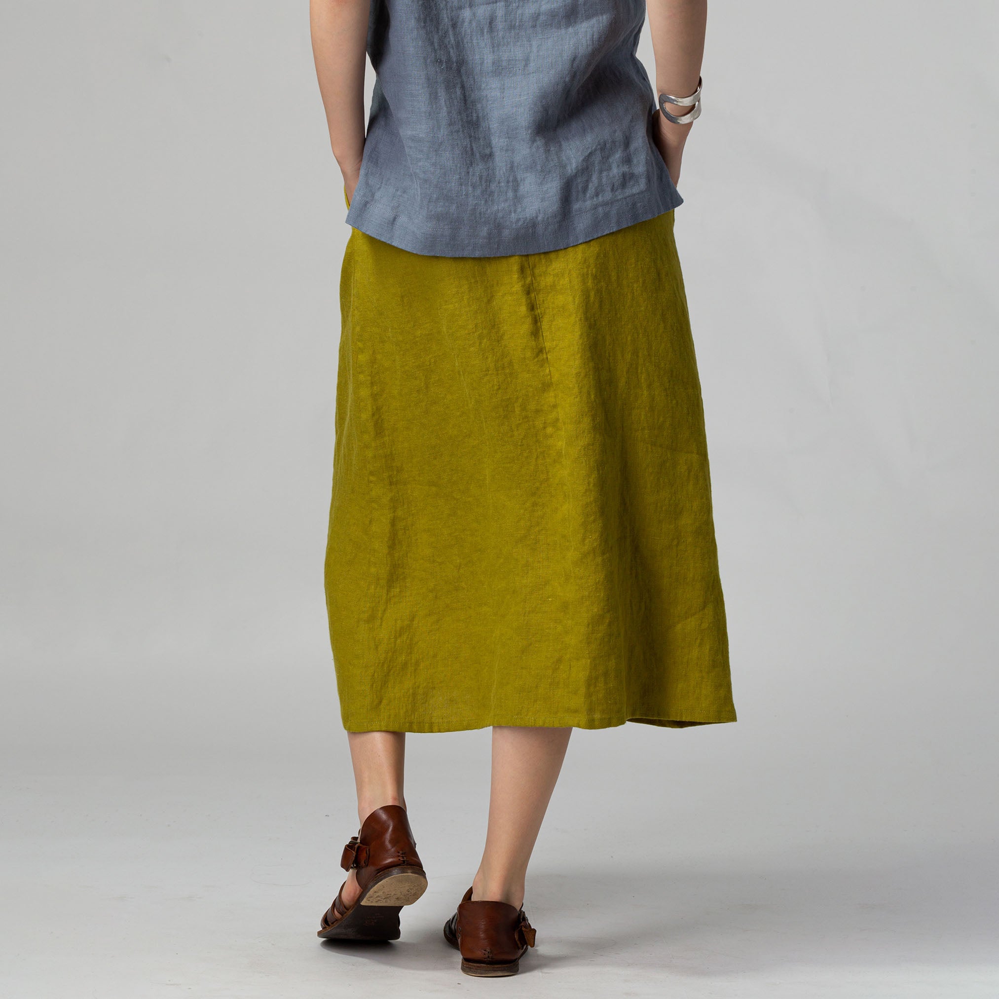 Front Pleat Linen Skirt Moss Green