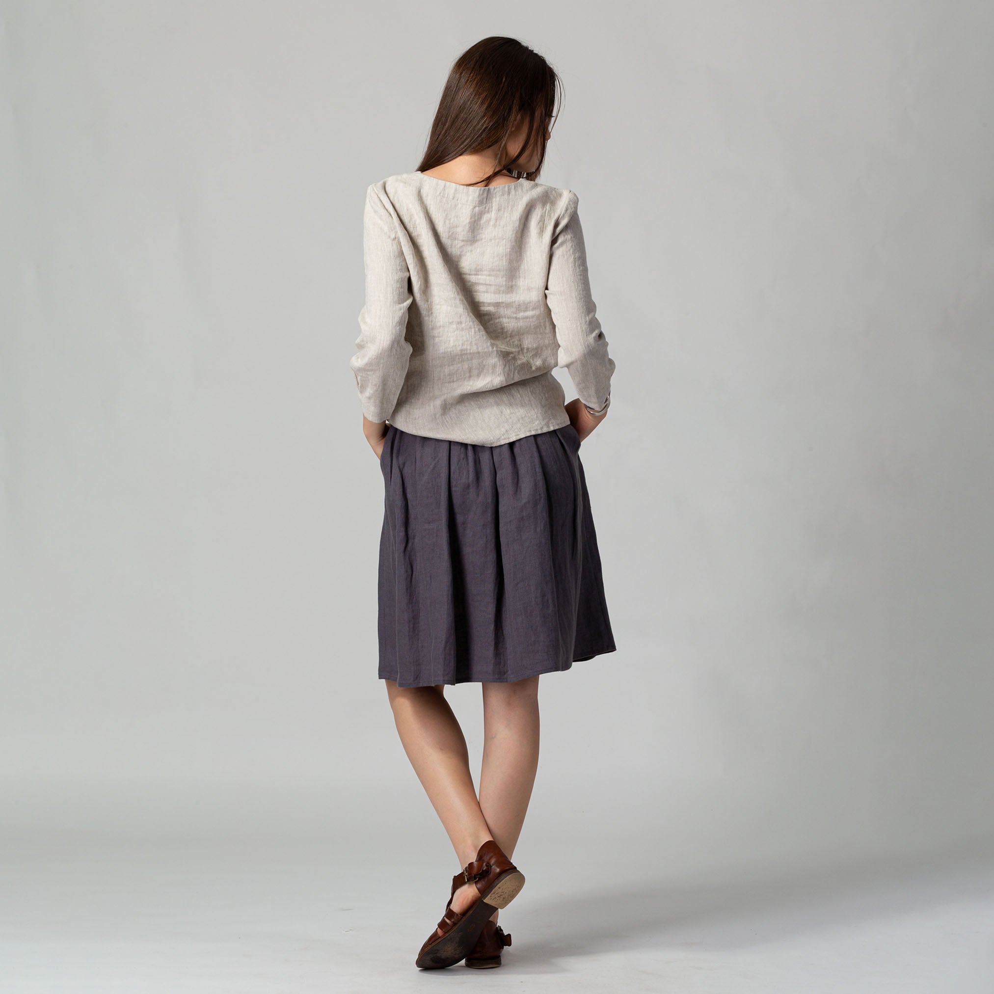 Gathered Linen Skirt Dark Gray